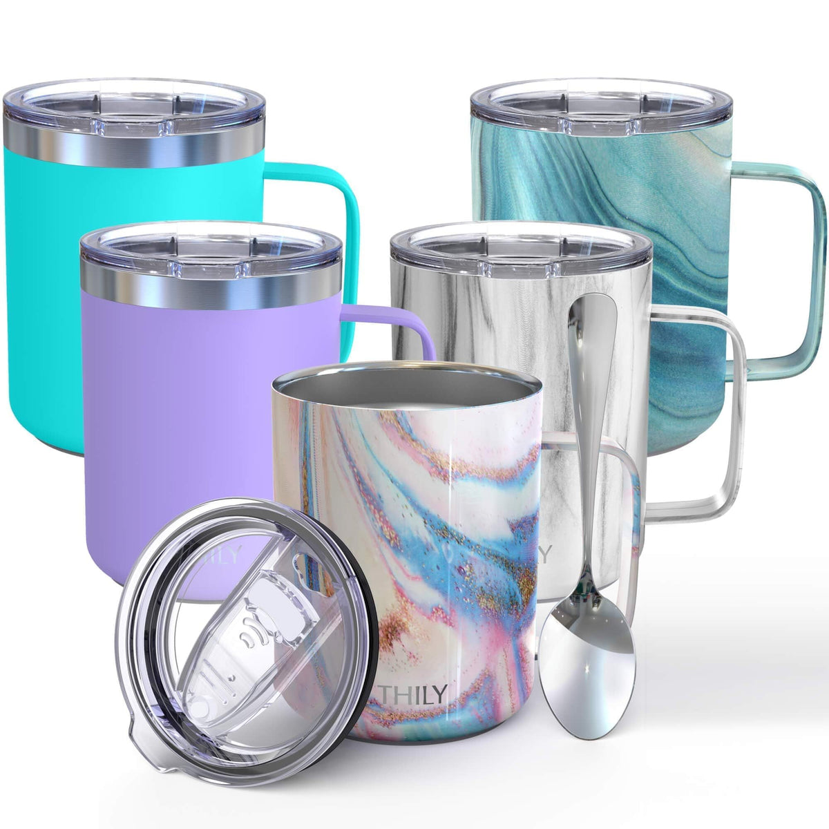 Thily Stainless Steel Insulated Coffee Mug 12 Oz Vacuum Insulated Coffee Cup With Handle, Spill-Proof Lid, Keep Coffee Cold, Pin