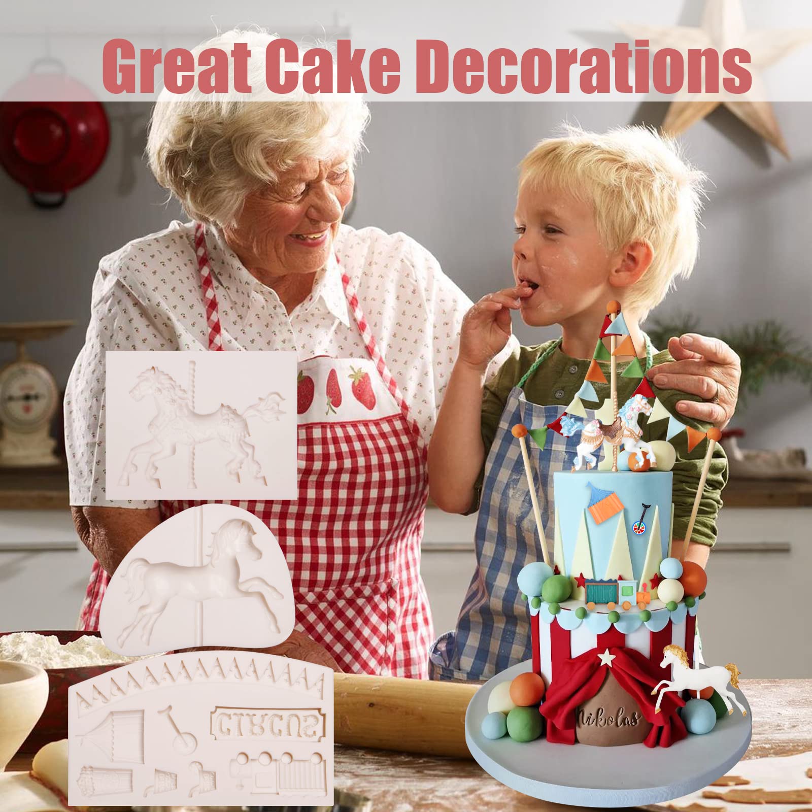 3D Carousel Horse Silicone Molds 3 Pcs, Circus Fondant Mold For Cake Decoration, Candy Sugar Cupcake Topper Cake Pop Popsicle, B