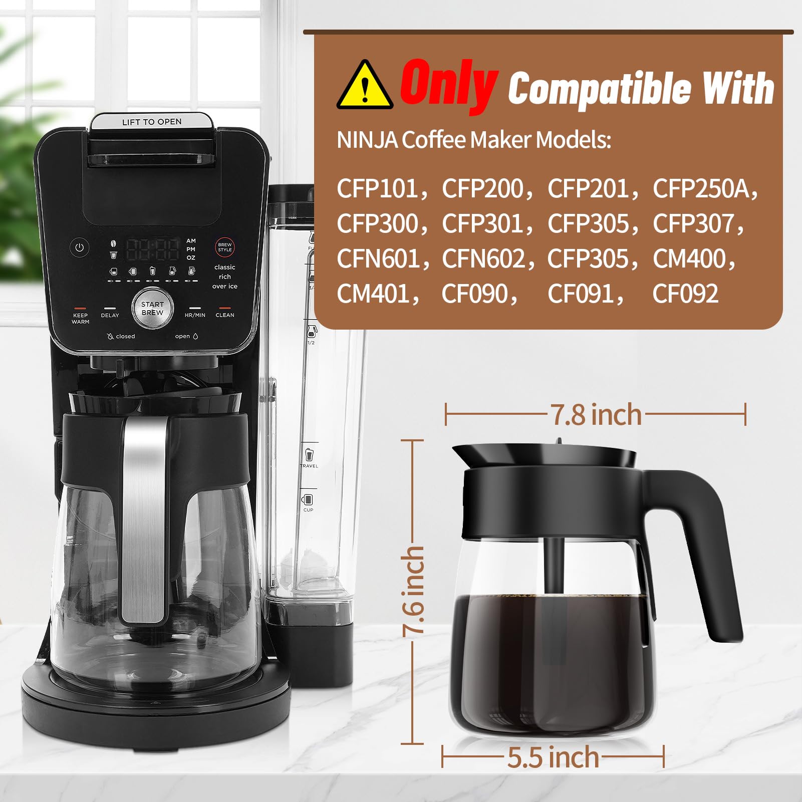 12 Cup Coffee Pot Replacement For Ninja Coffee Maker Cfp101 Cfp201 Cfp301 Cfn601 Cfp250A Cfp300 Cfp307, Glass Carafe Replacement