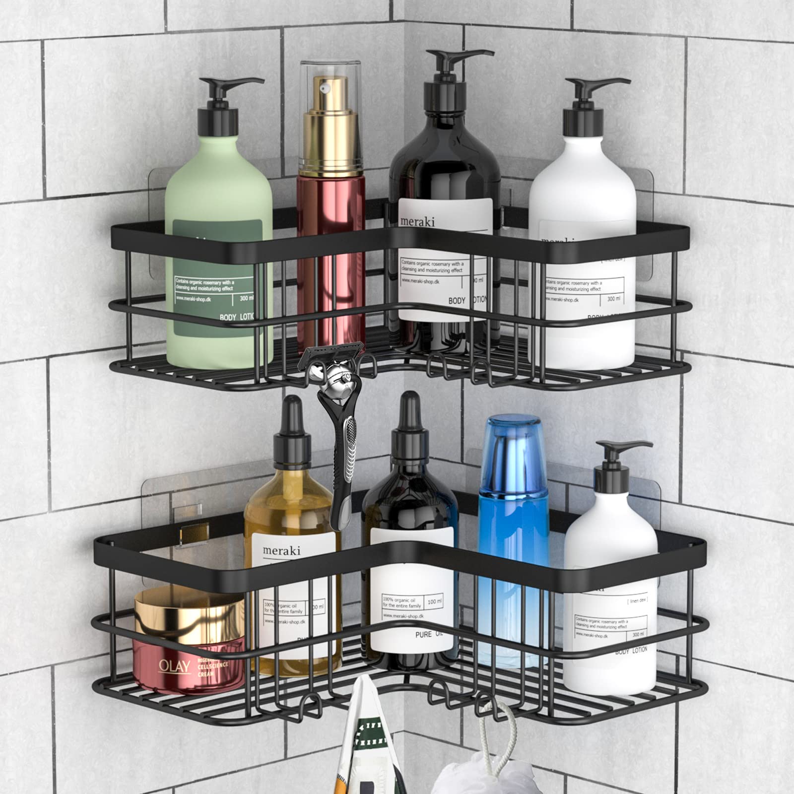 Yazoni Corner Shower Caddy, Adhesive Shower Shelves No Drilling [2-Pack], Rustproof Stainless Steel Bathroom Shower Organizer Wa