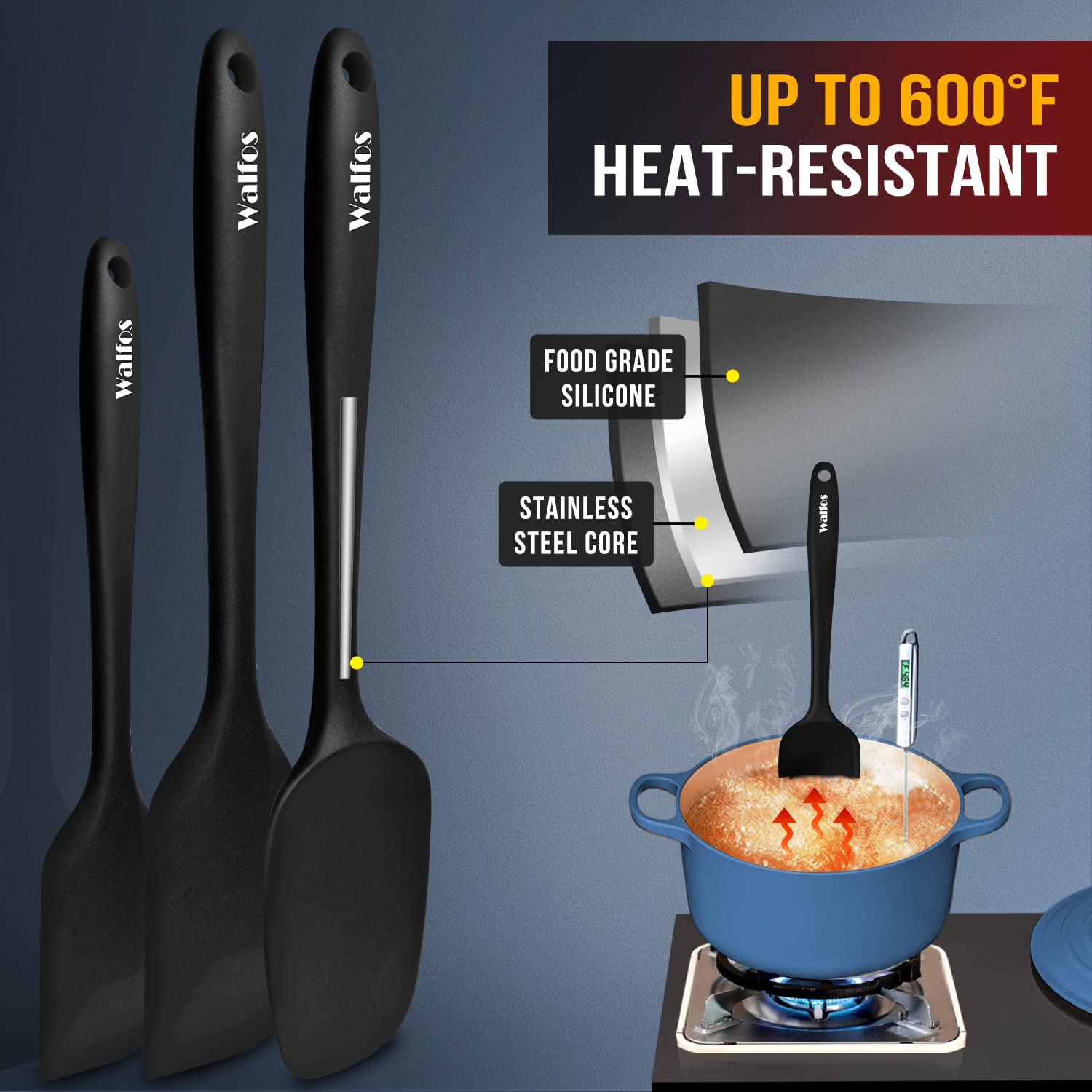 Walfos Silicone Spatula Set Of 5 - (600F) High Heat Resistant Kitchen Scraper Spatulas, One-Pieces Seamless Design, Perfect For