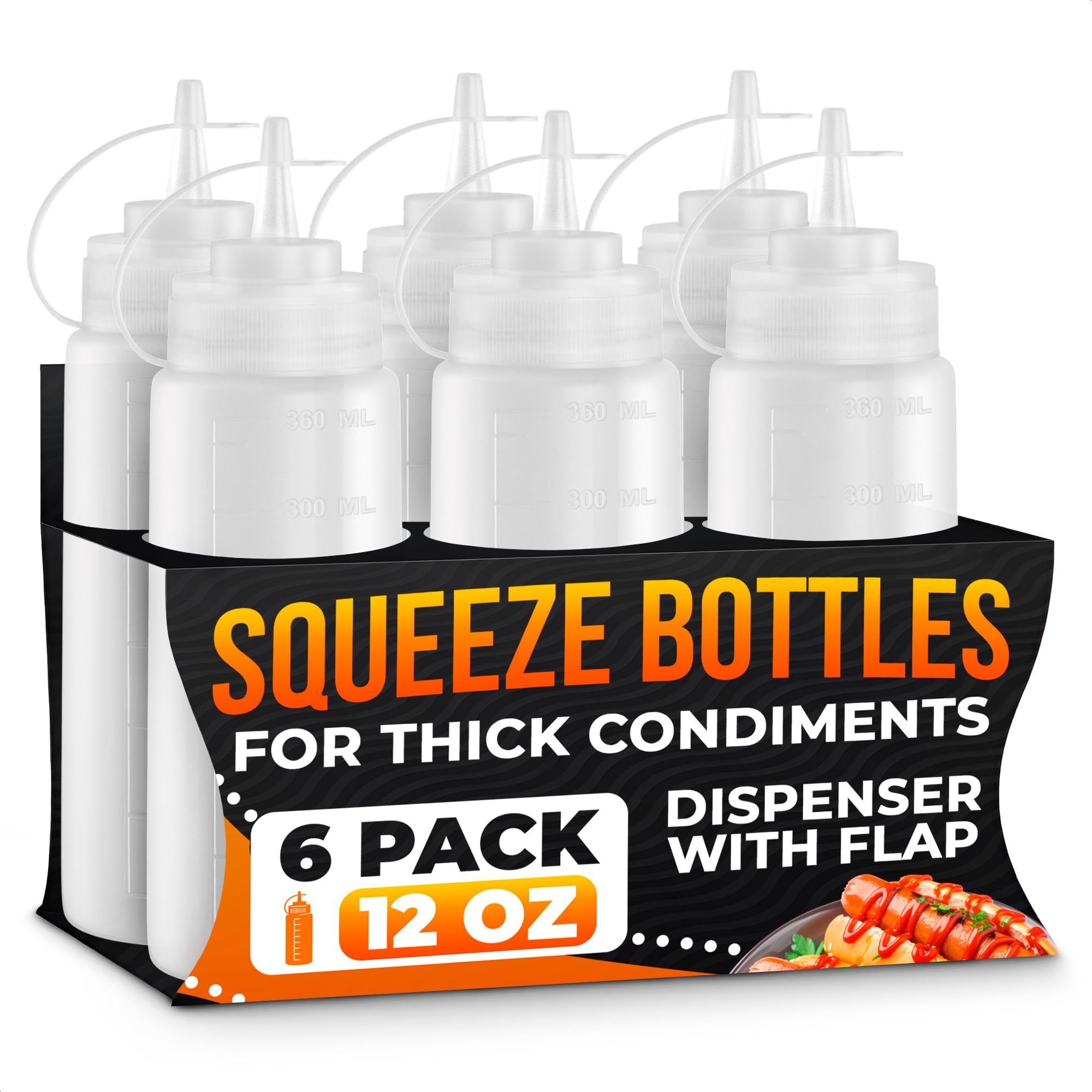6-Pack Plastic Condiment Squeeze Bottles 12oz - Refillable Squirt Bottles with Narrow Tip, Leak-Resistant | Great for Oil, Sauce