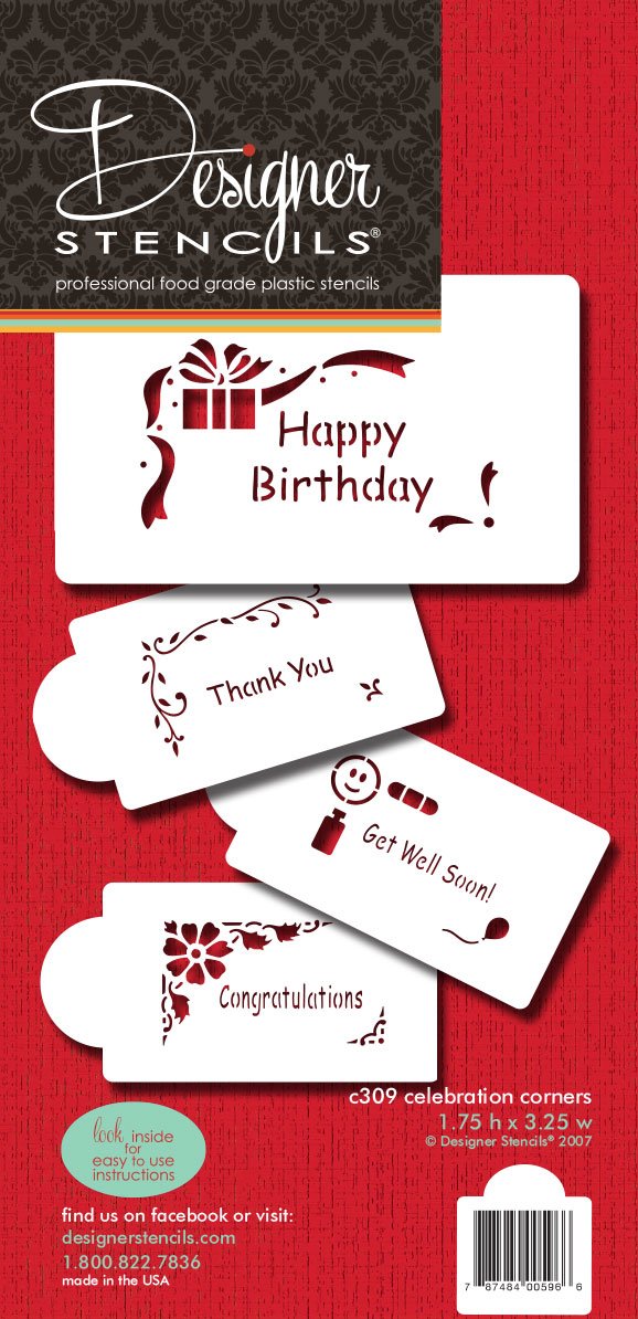 Designer Stencils Celebration Corners Cookie Stencils, (Happy Birthday, Thank You, Congratulations, Get Well Soon), Beige/Semi-T
