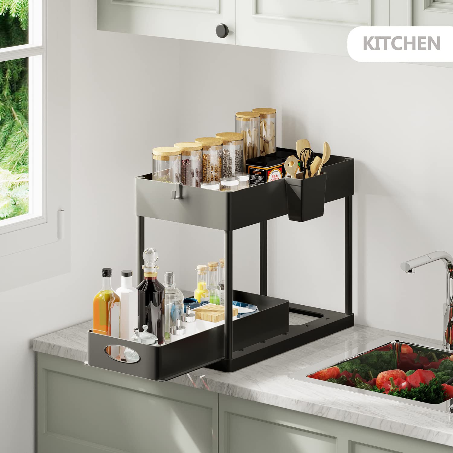 Hearth & Harbor 2-Tier Under Sink Organizer, Black, Plastic, 12'' H X 8'' W X 15.5'' L