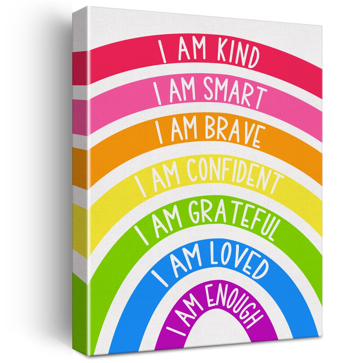 Rainbow Kids Affirmations Wall Art Canvas Painting Print Framed I Am Kind Smart Loved Artwork Canvas Sign for Nursery Decor (12x