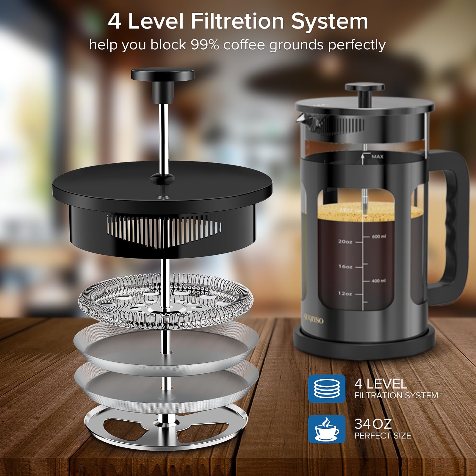 Quqiyso French Press Coffee Maker 34Oz 304 Stainless Steel French Press With 4 Filter, Heat Resistant Durable, Easy To Clean, Bo