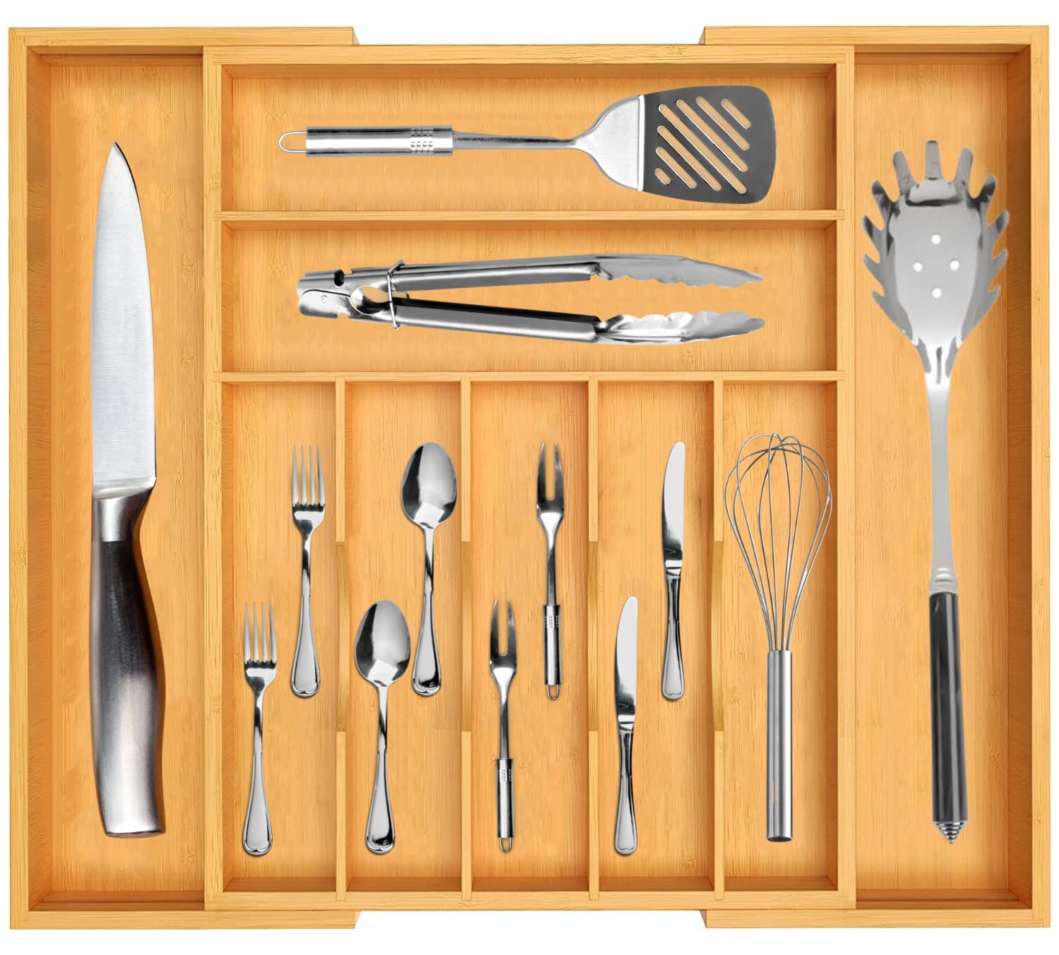 Bamboo Kitchen Utensil Organizer, Expandable Silverware Organizer For Kitchen Drawers, Premium Wood Drawer Organizers, Silverwar