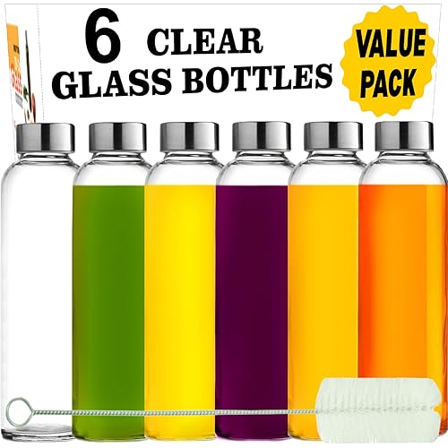 Brieftons Glass Water Bottles With Caps: Clear  6 Pack  18 Oz  Leakproof Lids  Premium Soda Lime  Best As Reusable Drinking Bottle  Sauce Jar  Juice Beverage Container  Kefir Kit  With Cleaning Brush