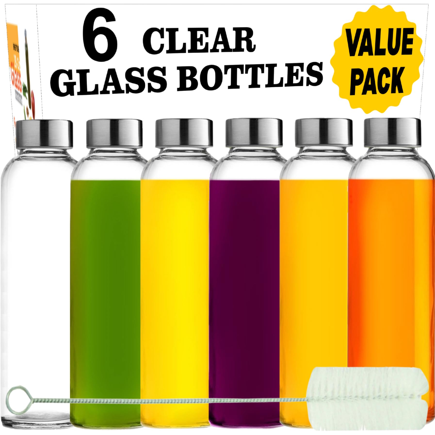 Brieftons Glass Water Bottles With Caps: Clear  6 Pack  18 Oz  Leakproof Lids  Premium Soda Lime  Best As Reusable Drinking Bottle  Sauce Jar  Juice Beverage Container  Kefir Kit  With Cleaning Brush