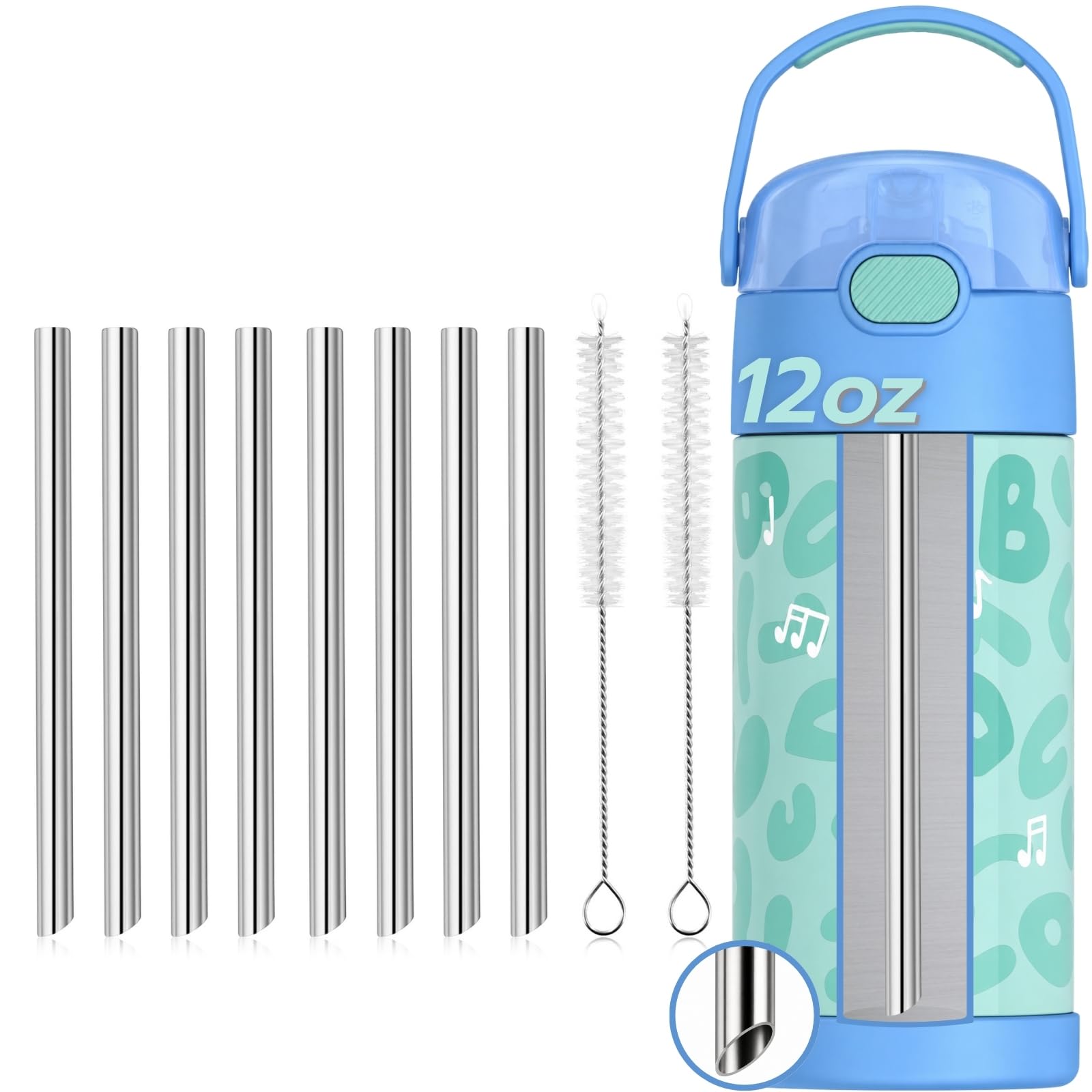 8PCS Metal Straw for THERMOS FUNTAINER Kids 12OZ, Reusable Stainless Steel Replacement Straws with 2PCS Cleaning Brushes Compati