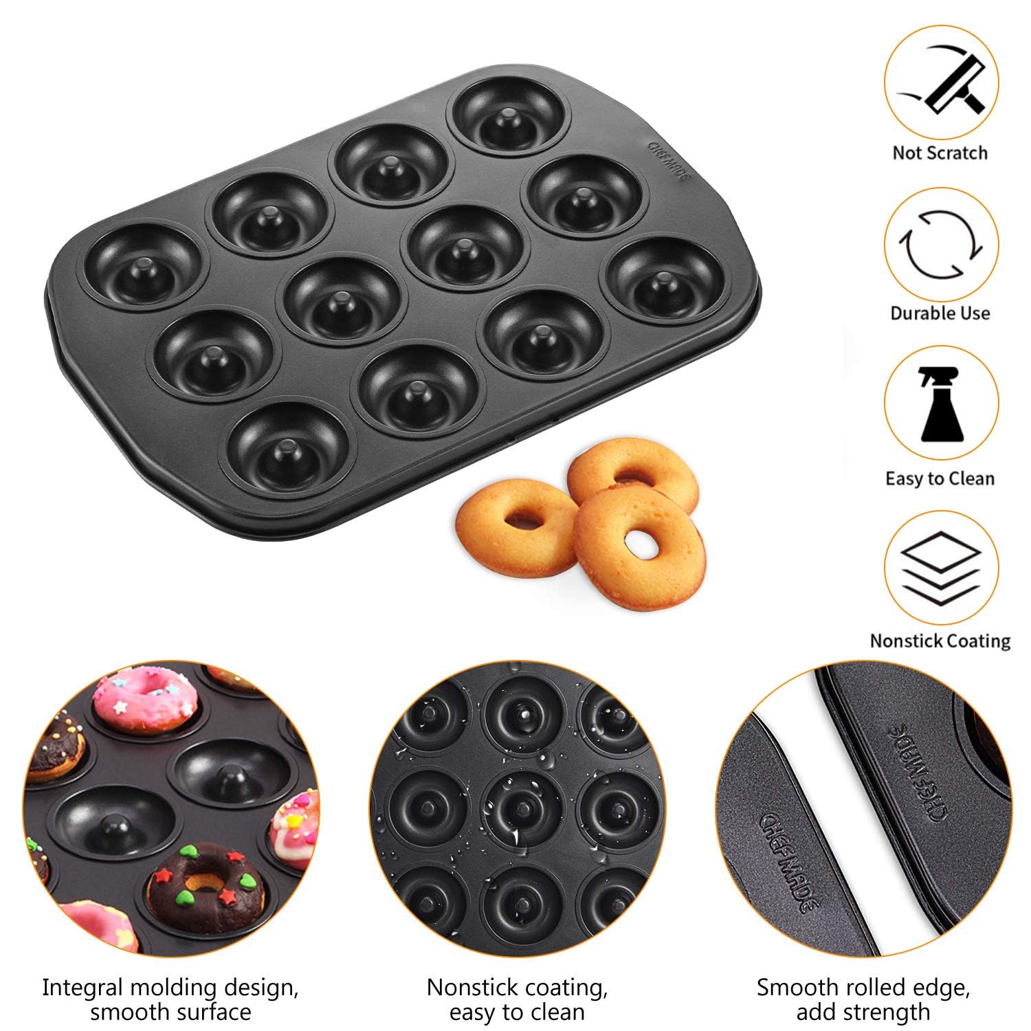 Chefmade Mini Donut Baking Pans, Non-Stick 12-Cavity Donut Pan, Carbon Steel Cake Baking Pan - Bpa Free Mini Bagel Pan, Oven, Mi