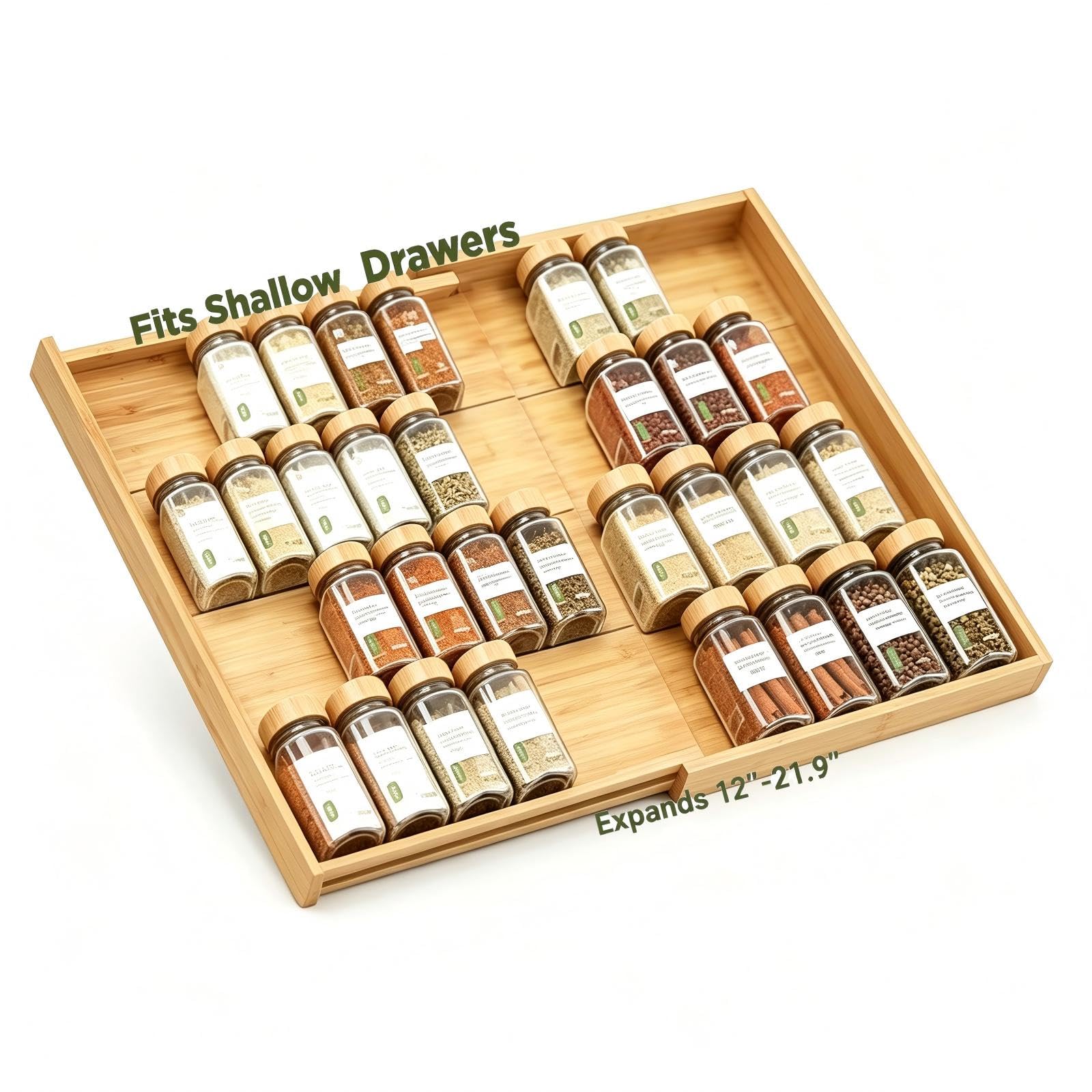 Bamboo Spice Drawer Organizer Expandable(Fits 2.6 Deep or Deeper Drawers), 4Tier Spice Rack Drawer Insert for Kitchen Cabinets