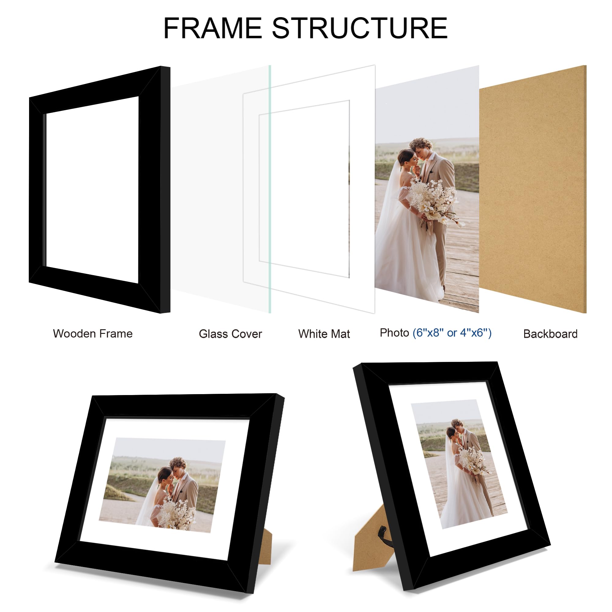 Hongkee 6x8 Picture Frame Set of 4, Made of Real Glass and Black Frame - Display Picture 4x6 with Mat or 6x8 Without Mat, 6 by 8