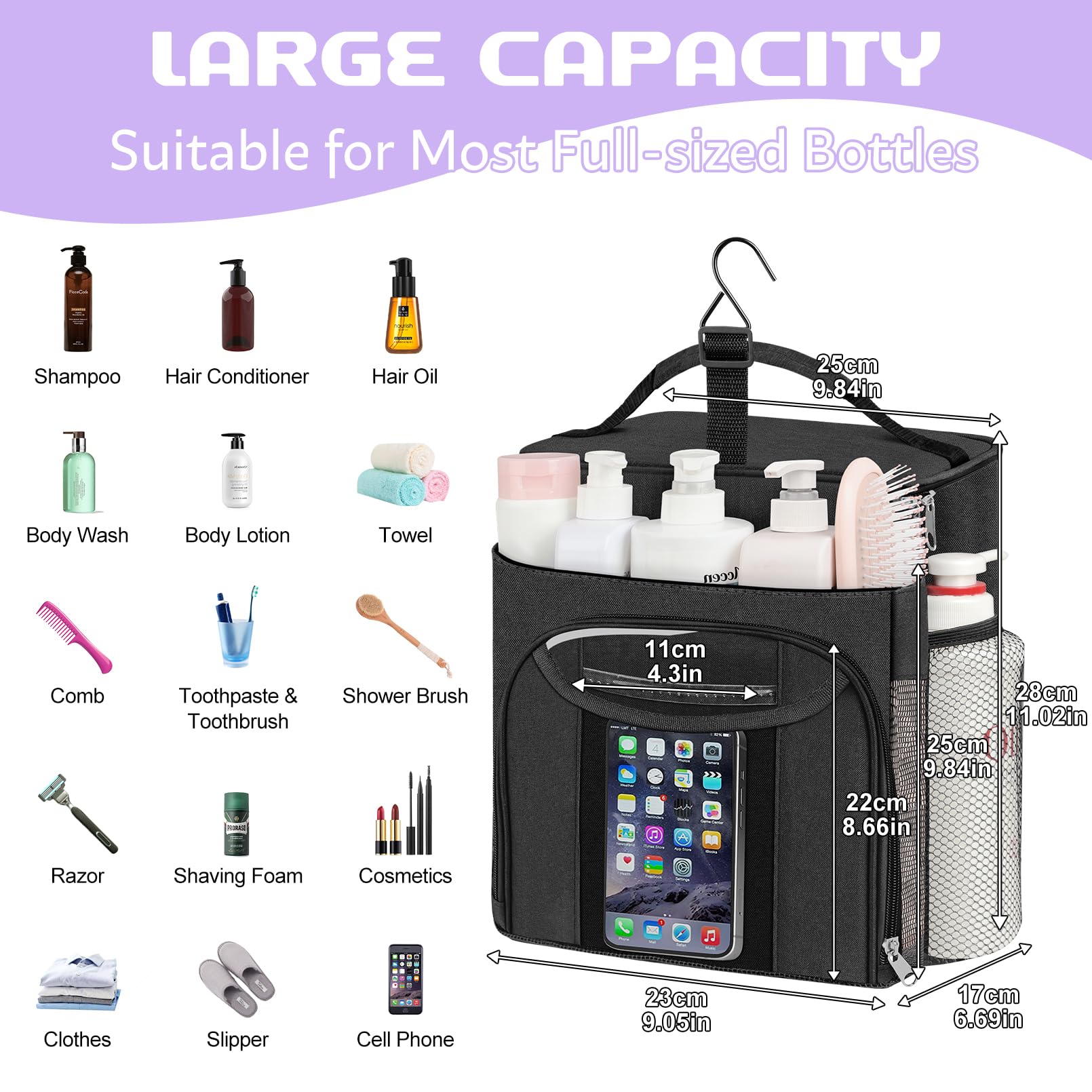 Attmu Large Capacity Portable Shower Caddy Dorm For College Essentials, Separate Compartment Hanging Toiletry Bag For College St