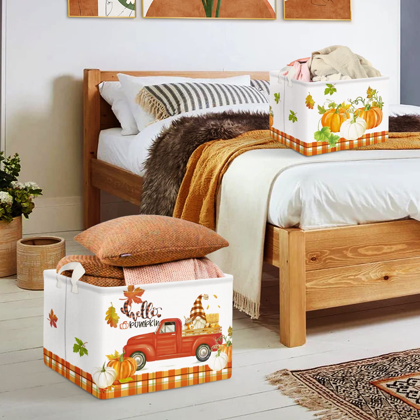 Clastyle Pumpkin Gift Baskets Empty Gnome Truck Shelf Basket Foldable Toys Clothes Large Storage Bin Rectangular Harvest Orange