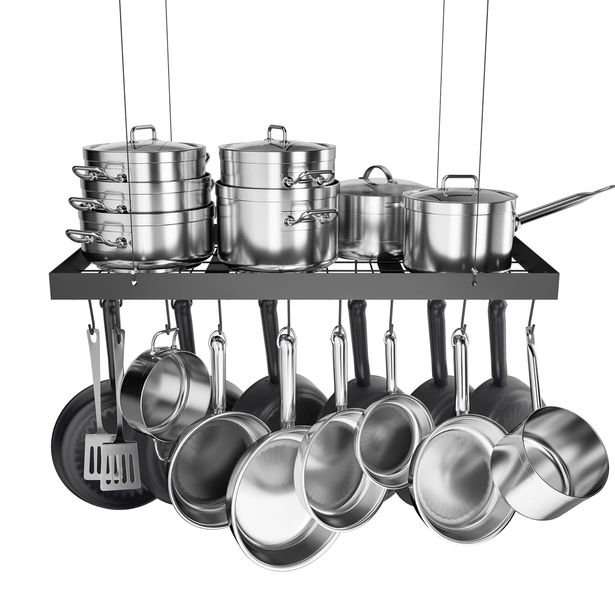 Kes Ceiling Pot Rack 30 Inches, Hanging Pots And Pans Organizer Rack For Ceiling With 15 Hooks, Matt Black Kitchen Pot Hanger Ra