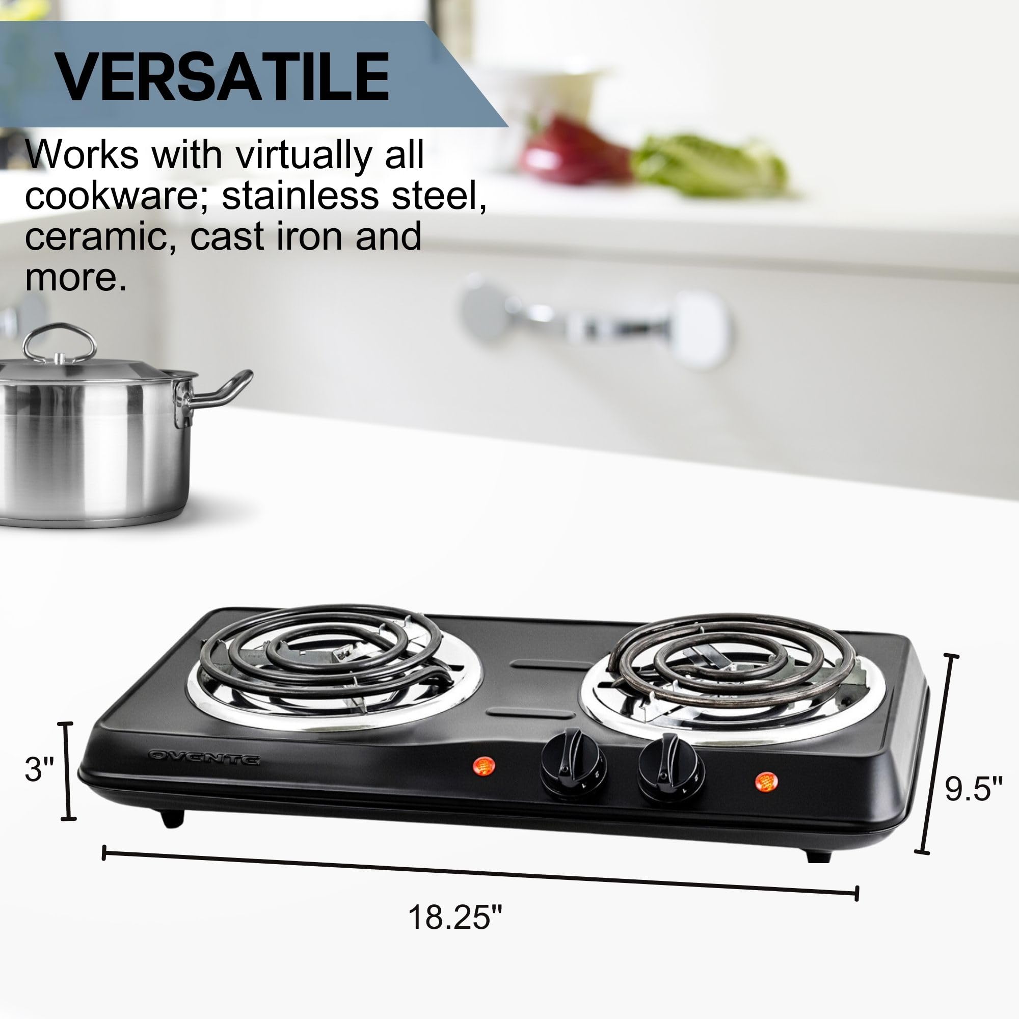 OVENTE Electric Double Burner Cooktop, 1700W, Stainless Steel Coil Plates, 5-Level Temp Control, Black BGC102B