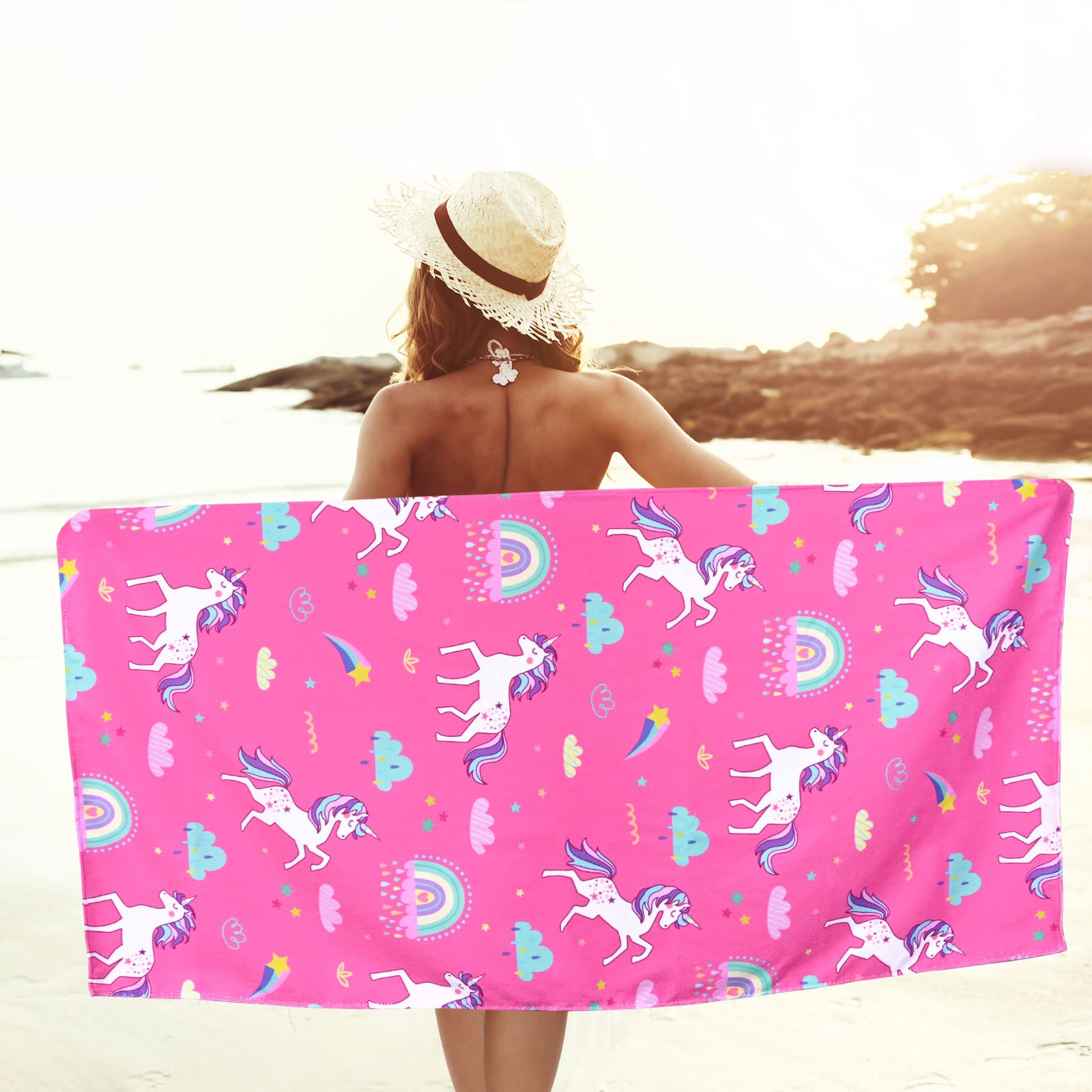 Livilan Pink Unicorn Rainbow Beach Towel, Perfect For Kids, Girls, Women, Soft Microfiber Bath, Pool, Swimming Towel, Thin, Quic