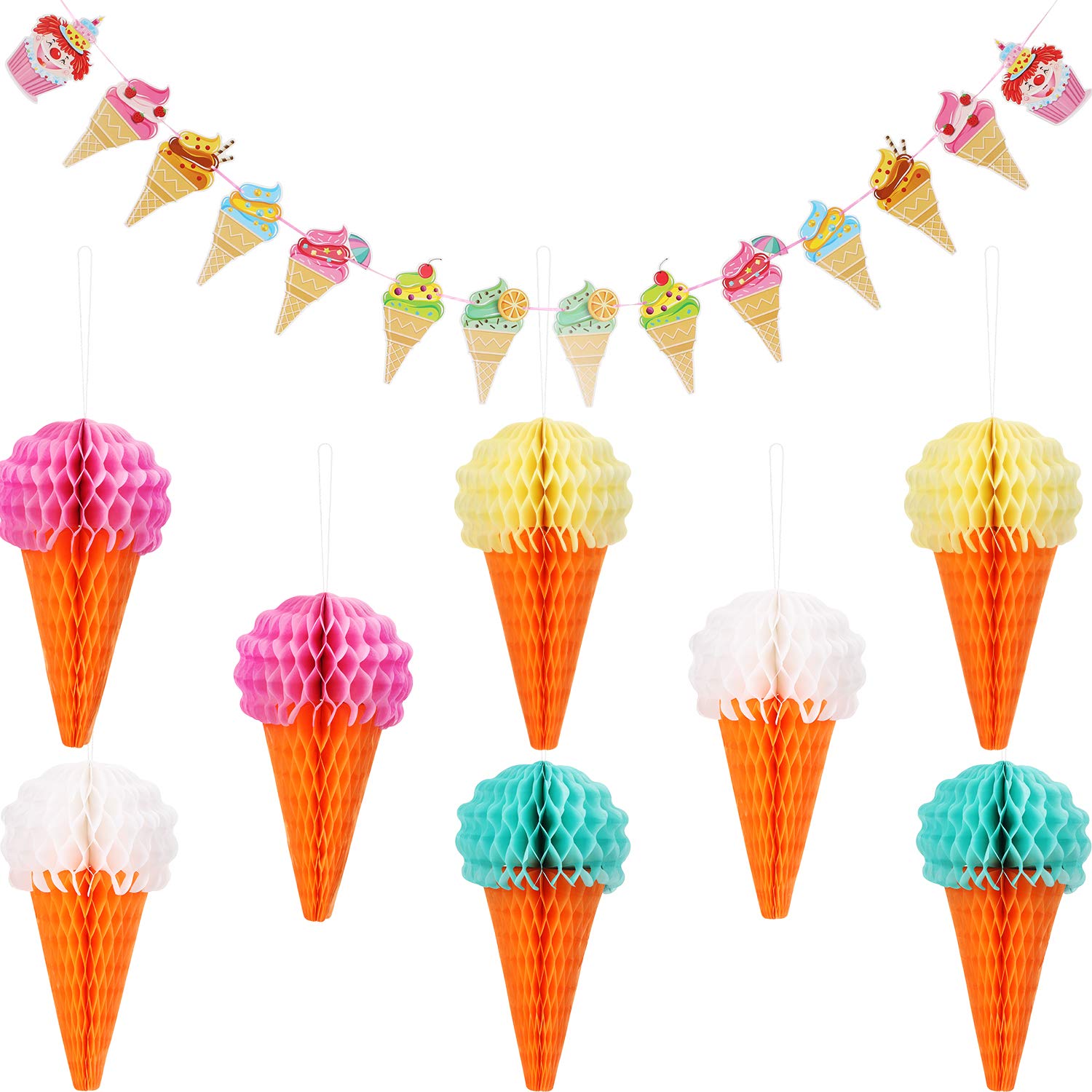 Maitys 9 Pieces Hanging Ice Cream Honeycomb Balls Ice Cream Tissue Paper Party Decorations Banner Ceiling Sign Decor for Wedding