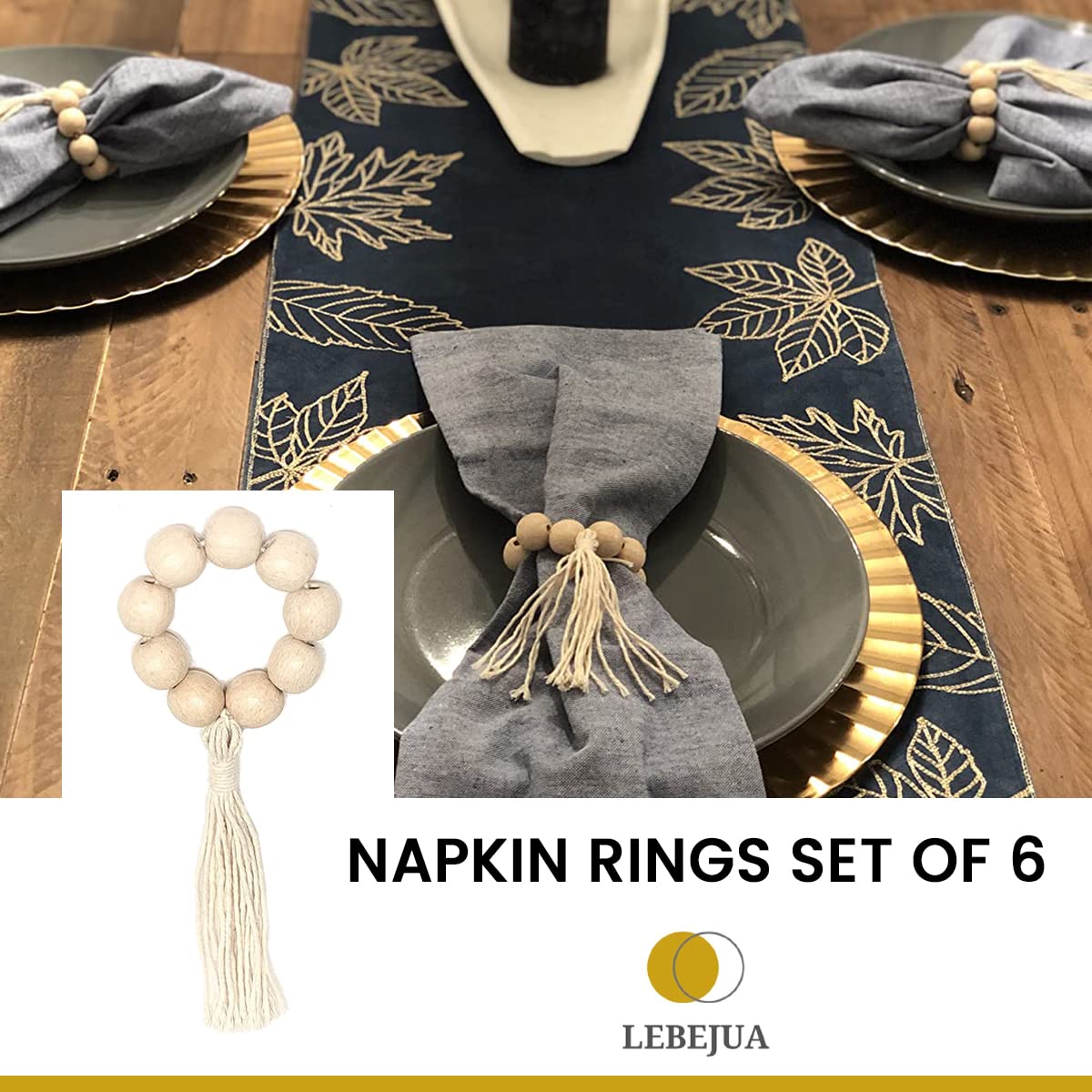 LEBEJUA Handmade Napkin Ring with Wood Beads & Jute Twine - Affordable Rustic Wooden Napkin Ring Holder for Table Decoration  Boho Style Farmhouse Napkin Rings  Napkin Rings Set of 6