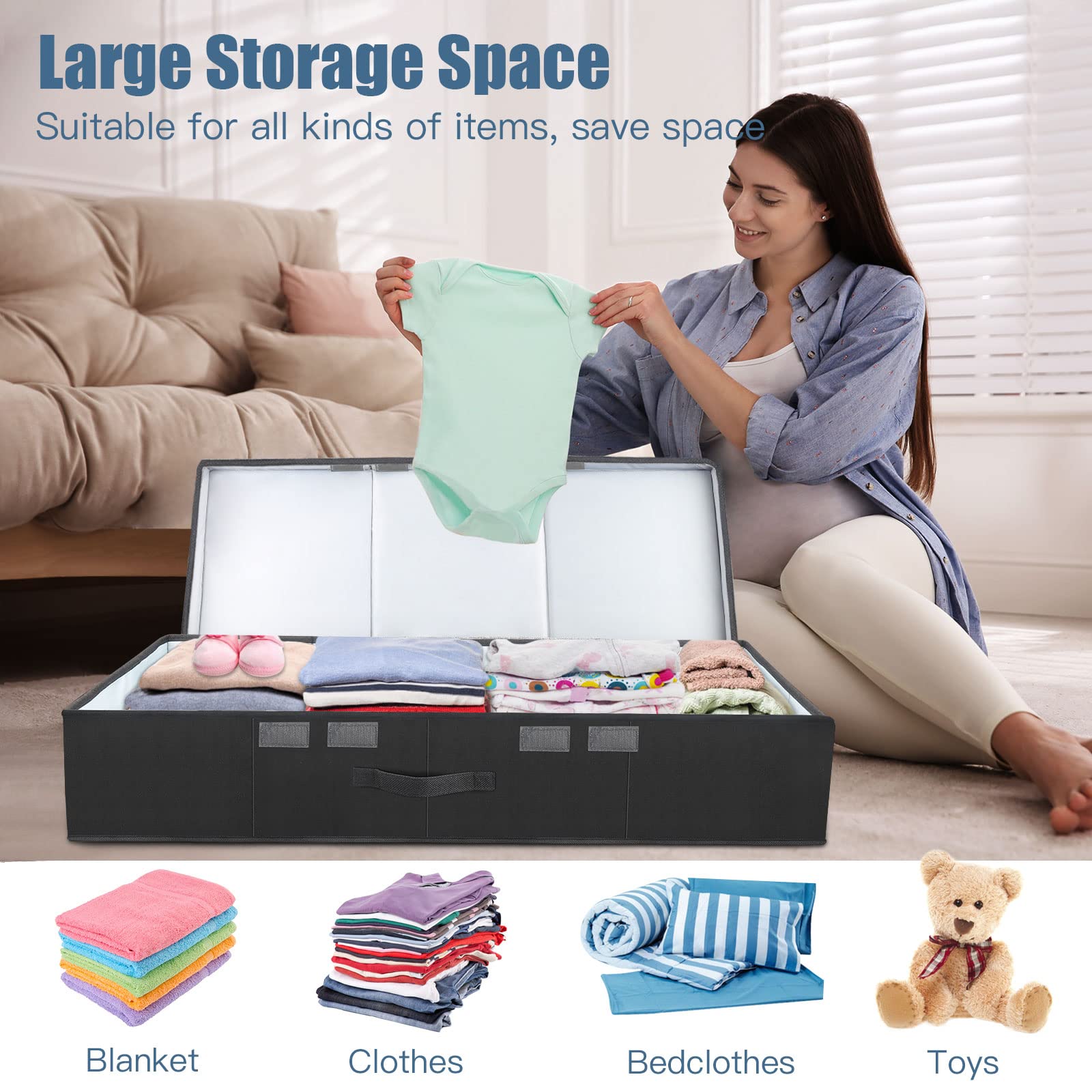 Supowin Underbed Storage Containers Bin with Lids (Set of 2) Large Under Bed Storage Organizer Box with Handle, Foldable Under t