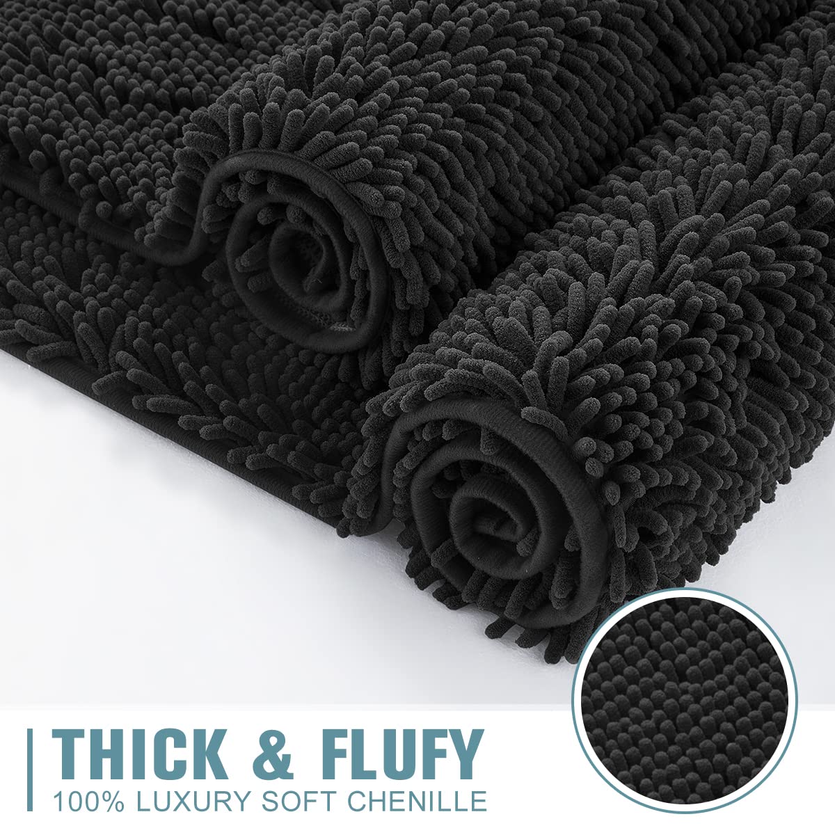 SONORO KATE Bathroom Rug Non-Slip Bath Mat Soft Cozy Shaggy Thick Bath Rugs for Bathroom Plush Rugs for Bathtubs Water Absorbent Rain Showers and Under The Sink (Black  17'' x 47'' Plus 17'' x 24'')