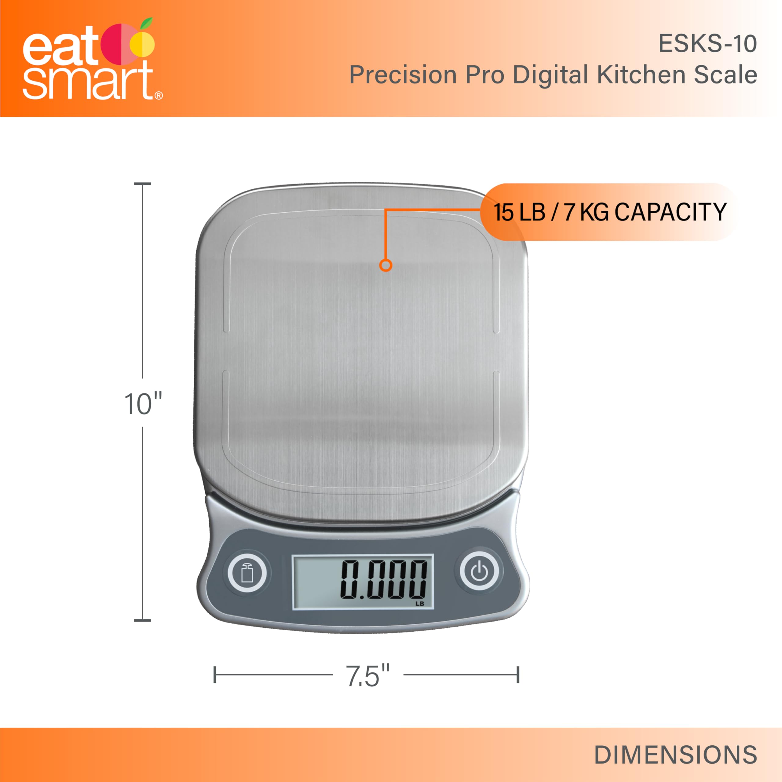 Eat Smart Esks-10 Precision Elite Digital Kitchen Scale - 15 Lb. Capacity, Ultrabright Display And Stainless Steel Platform