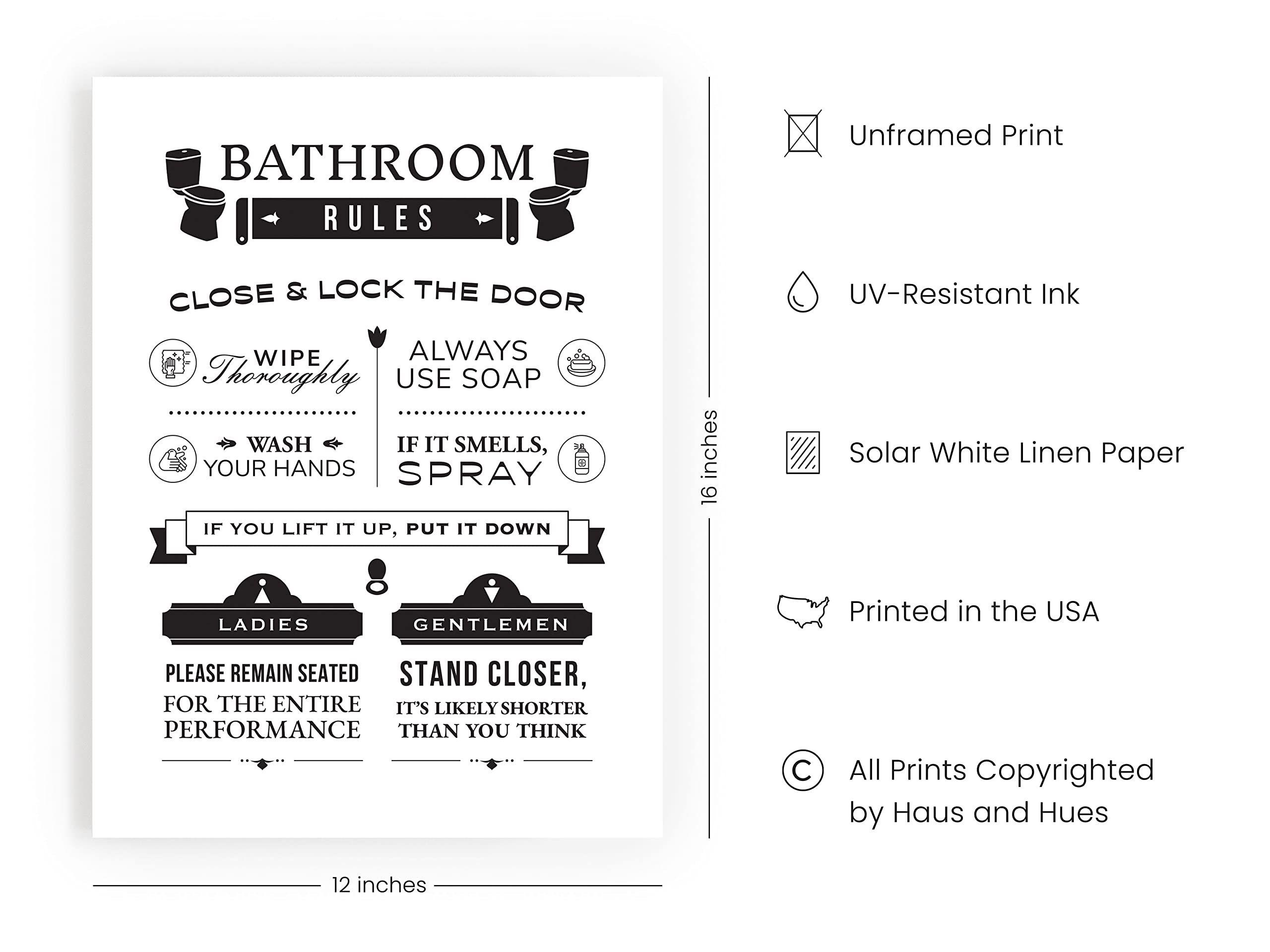 HAUS AND HUES Funny Bathroom Decor & Bathroom Signs Funny Bathroom Wall Art & Bathroom Decor Signs  Funny Bathroom Signs  Toilet Art  Funny Bathroom Rules Wall Decor  12''x16'' UNFRAMED (Rules)