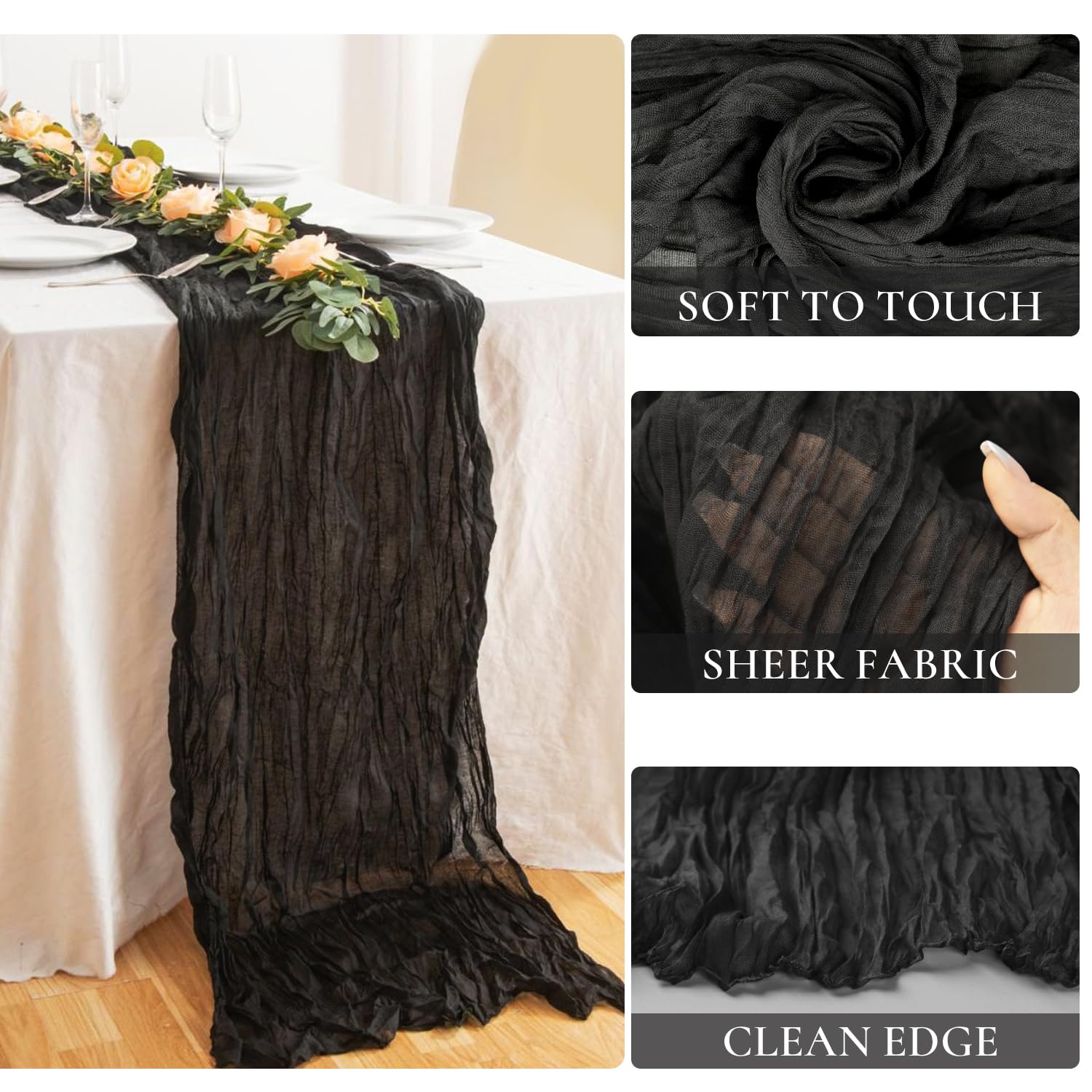 Black Cheesecloth Table Runner 35X120 Inches Gauze Cheese Cloth Table Runner Rustic Farmhouse Decor For Halloween Thanksgiving F