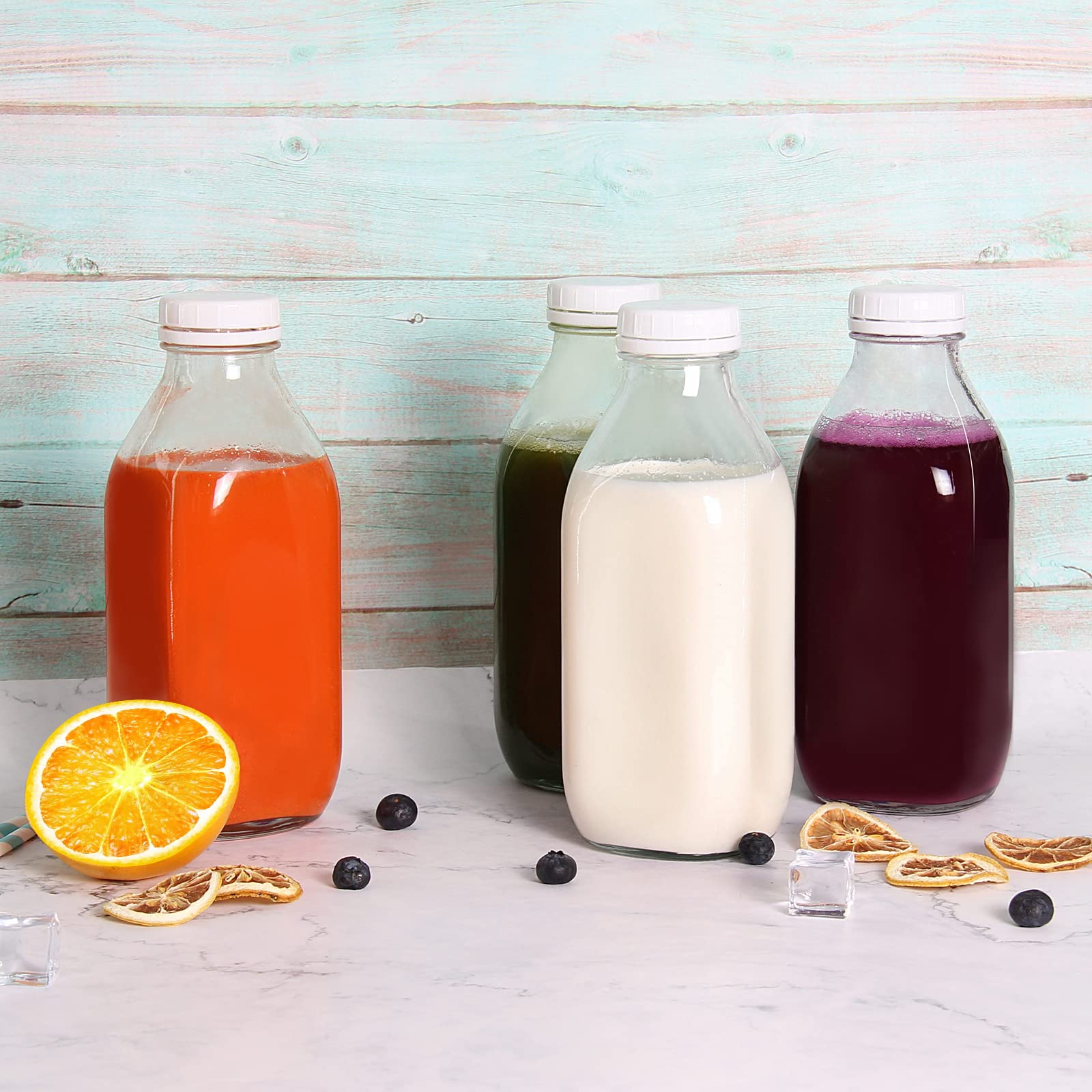 Yeboda 32Oz Glass Milk Bottle With Plastic Tamper-Proof Caps (4 Pack) Vintage Reusable Dairy Drinking Containers, Glass Bottles