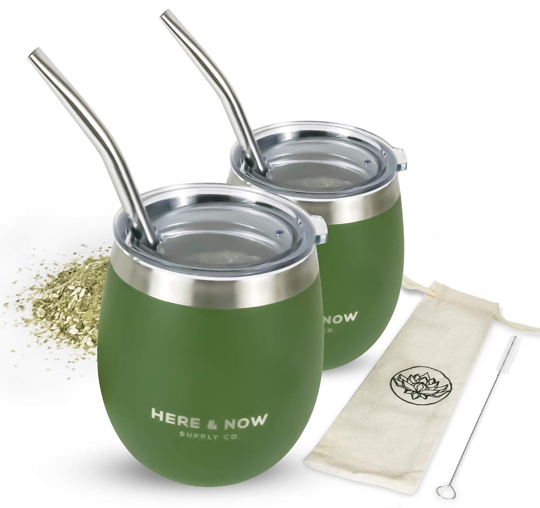Here & Now Yerba Mate Cup And Bombilla Set | 2 Mate Gourds, Spill Resistant Lids, & Mate Straws | Bombilla Brush & Pouch Include