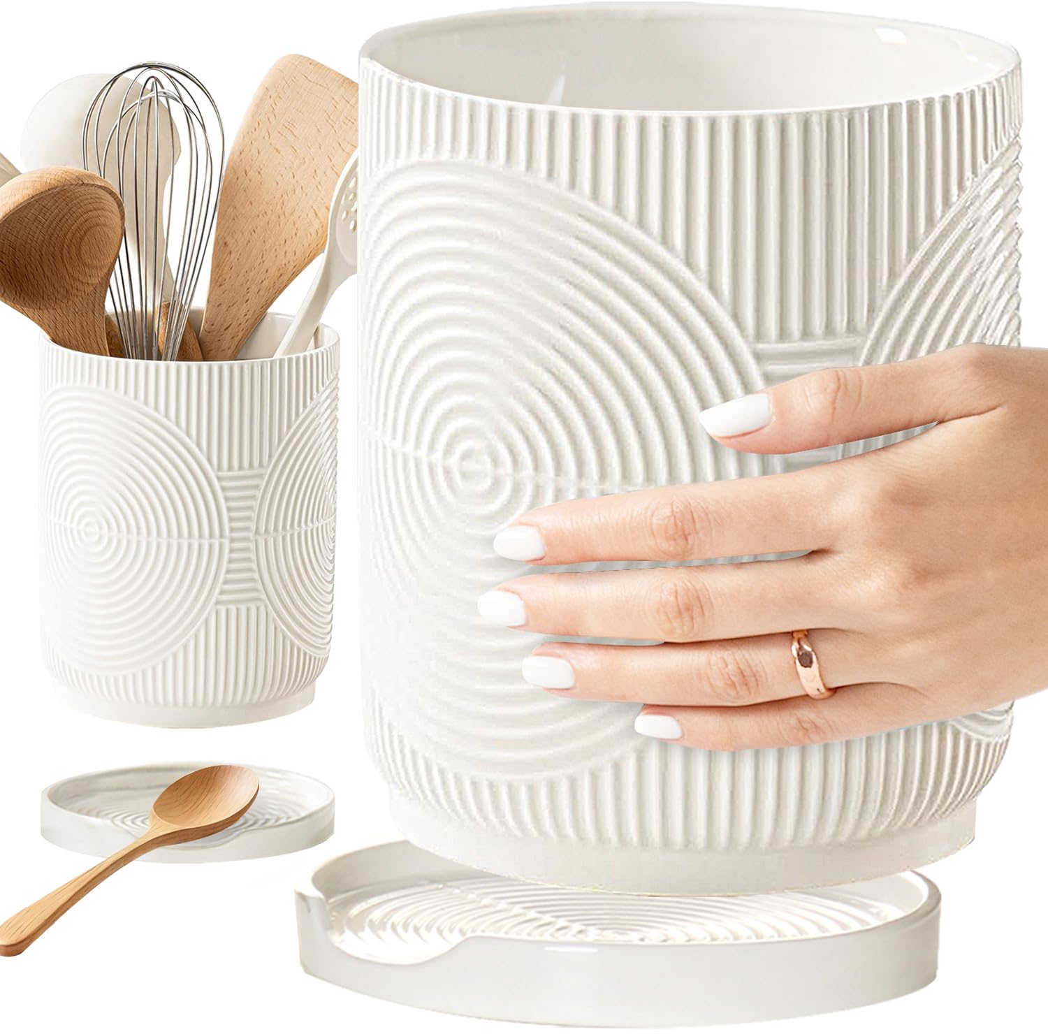 Swkien Utensil Holder, 7.2 Kitchen Utensil Holder for Counter, 2in1 Ceramic Cooking Utensils Holders with Spoon Rest, Utensi