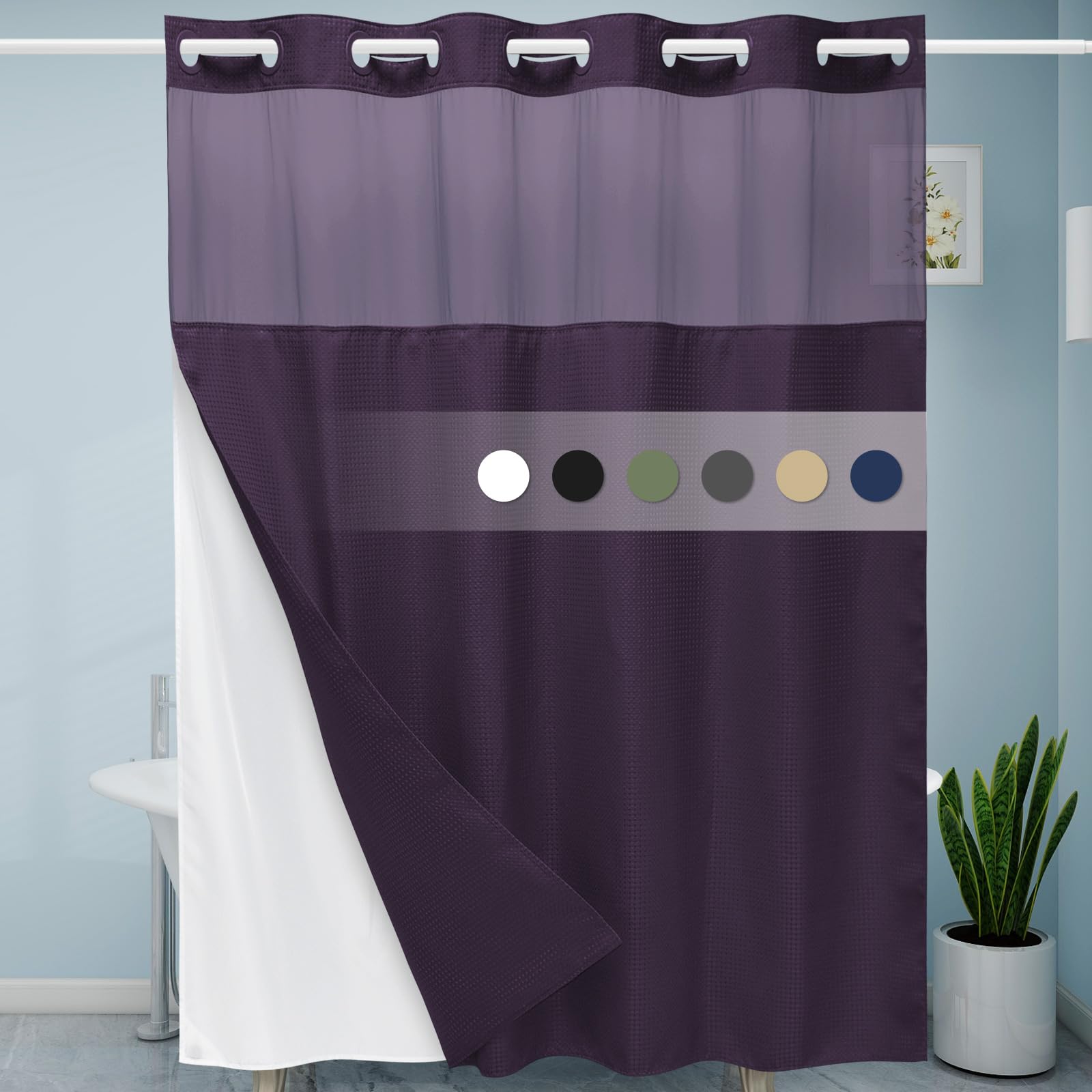 Eutxl Purple Hotel Style Shower Curtain With Snap In Liner - 230Gsm Waffle Textured,Hotel Grade,Spa Like Bath Curtain,71W X 74H