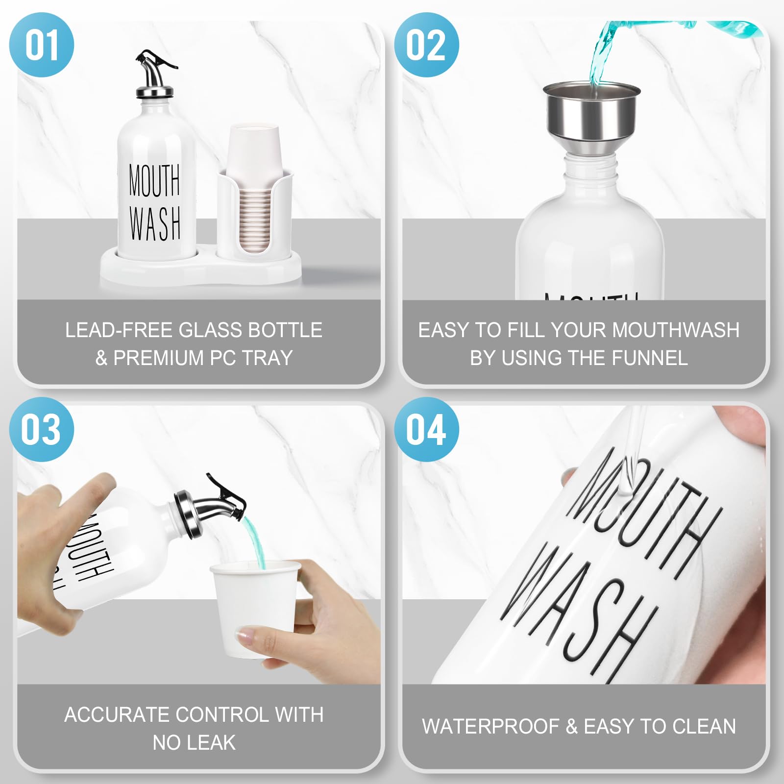 Mouthwash Dispenser for Bathroom BYAWAY Mouthwash Dispenser with Cup Holder 14 Mouthwash Cups and Funnel Refillable Glass Mouthwash Container (White)