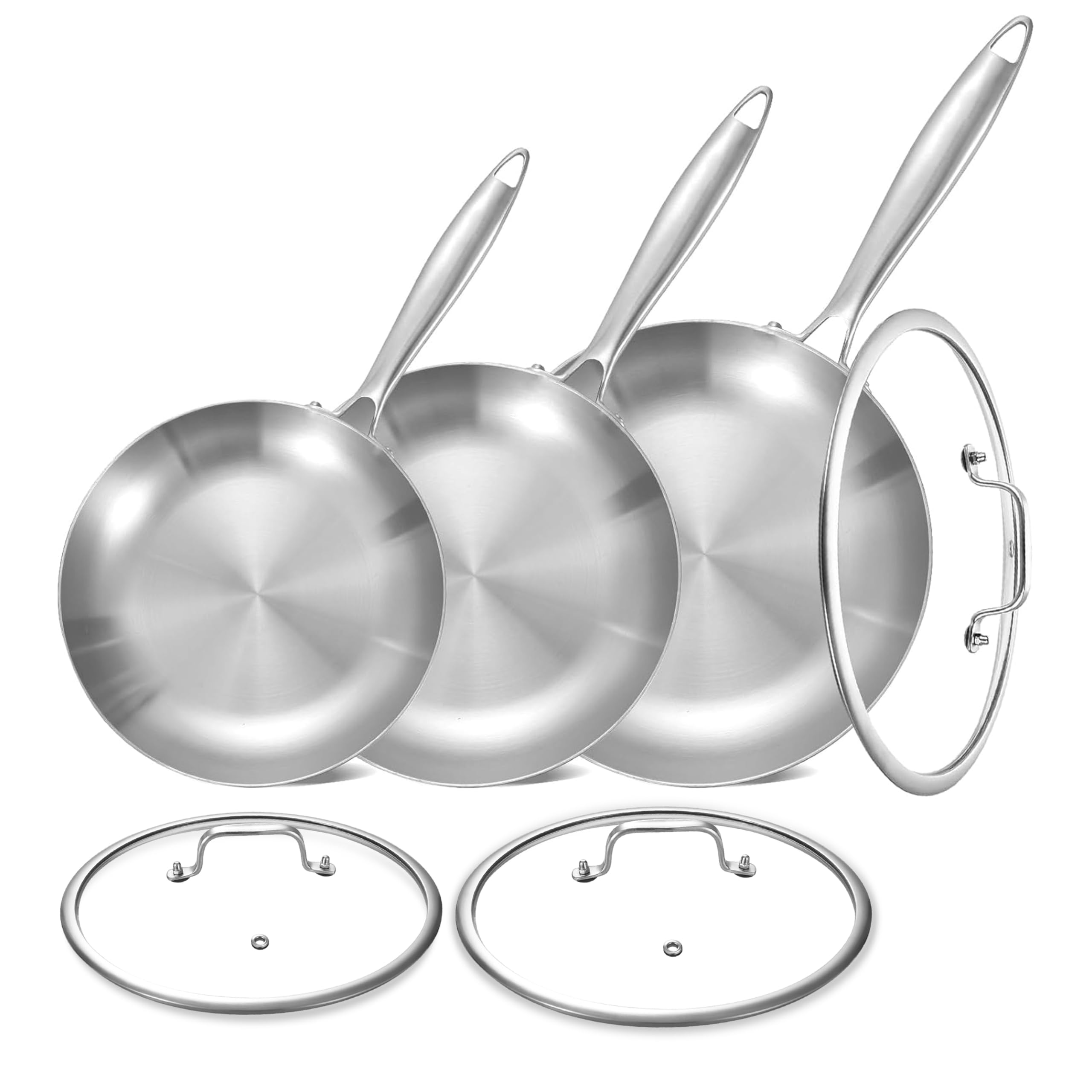 LOLYKITCH 8.5-10-12 Inch Tri-Ply Stainless Steel Frying Pan Set with Lids,Skillets,Induction Cooking Pans,Pots and Pans Set,Dish