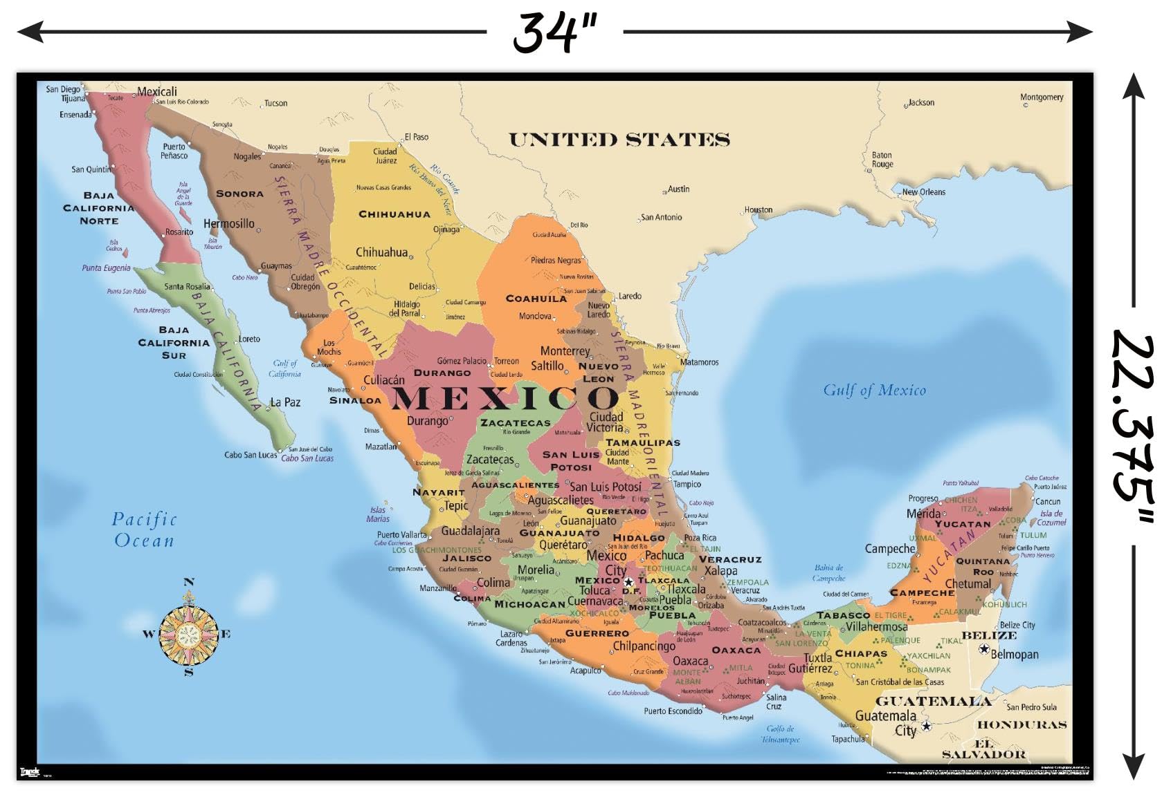 Trends International Map - Mexico Wall Poster, 22.375'' X 34'', Poster & Mount Bundle