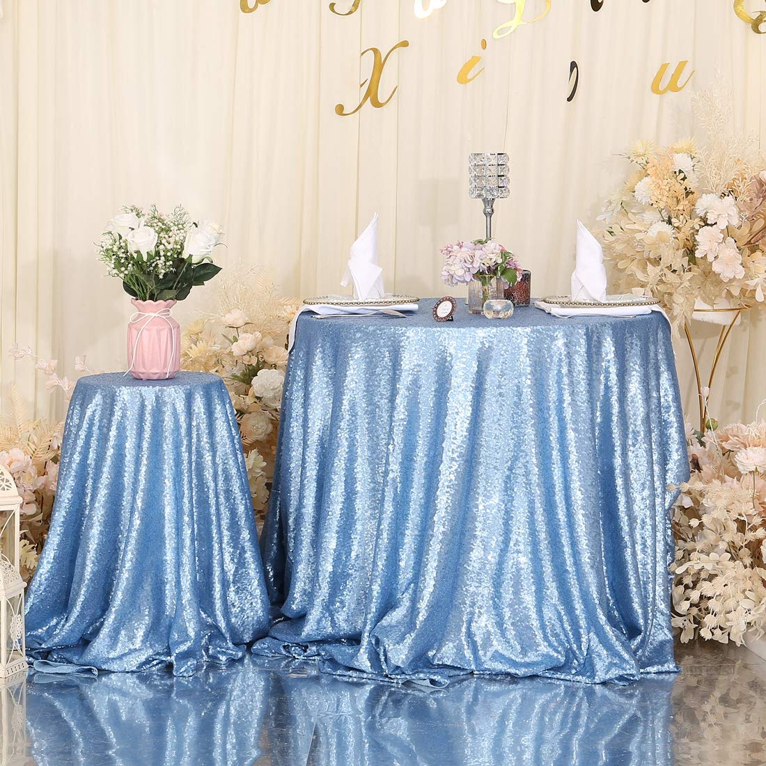 Eternal Beauty Baby Blue 72'' Round Sequin Tablecloth- Sparkly Sequin Overlay For Wedding Party/Dessert Table/Christmas Decorati