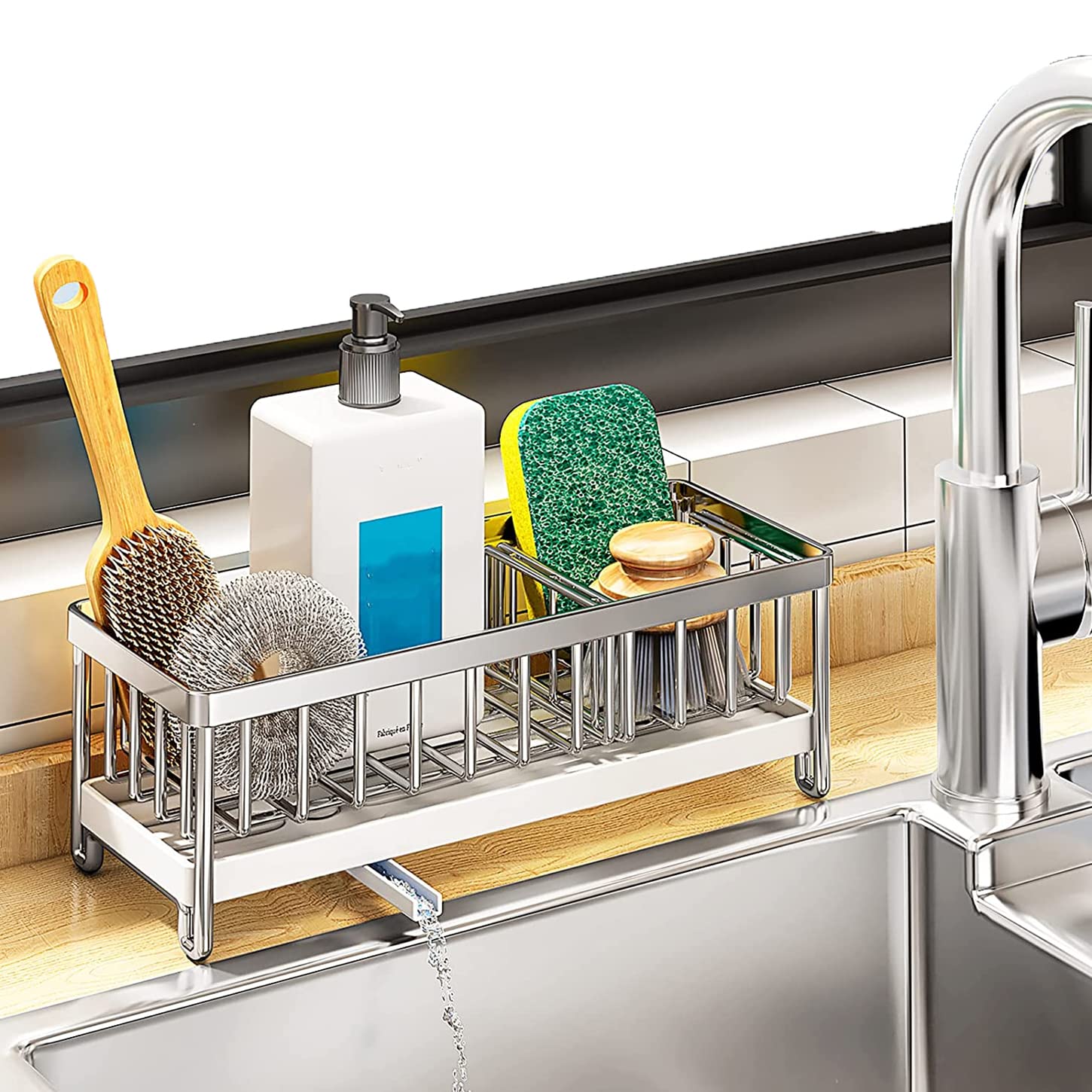 Jyfkinn Kitchen Sink Sponge Holder, Kitchen Sink Caddy 304 Stainless Sponge Holder For Kitchen Sink Sponge Organizer With Divide