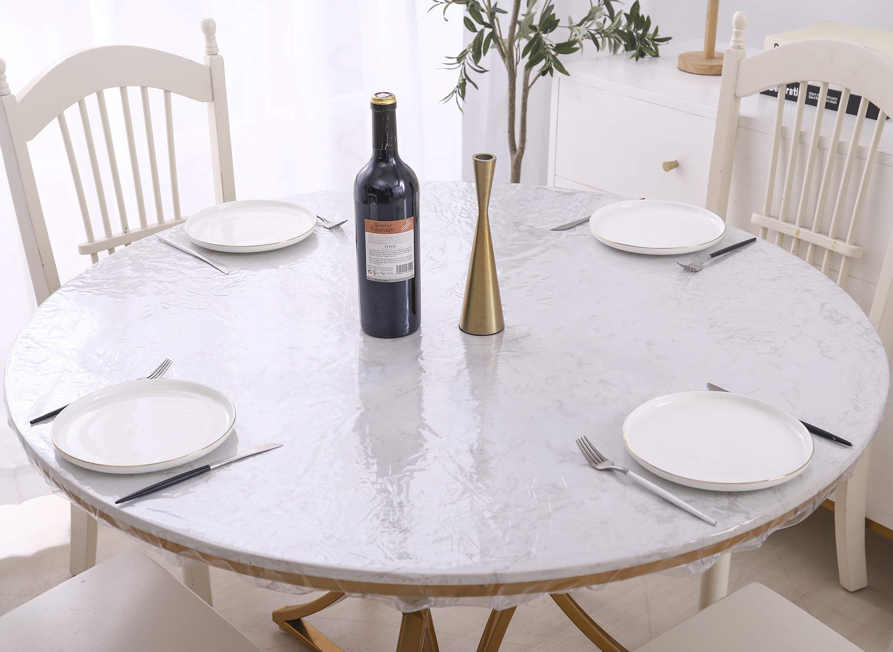 Clear Round Vinyl Fitted Tablecloth Waterproof Oilcloth Heavy Duty Elasticized Table Cover Elastic Edge Design Plastic Tableclot