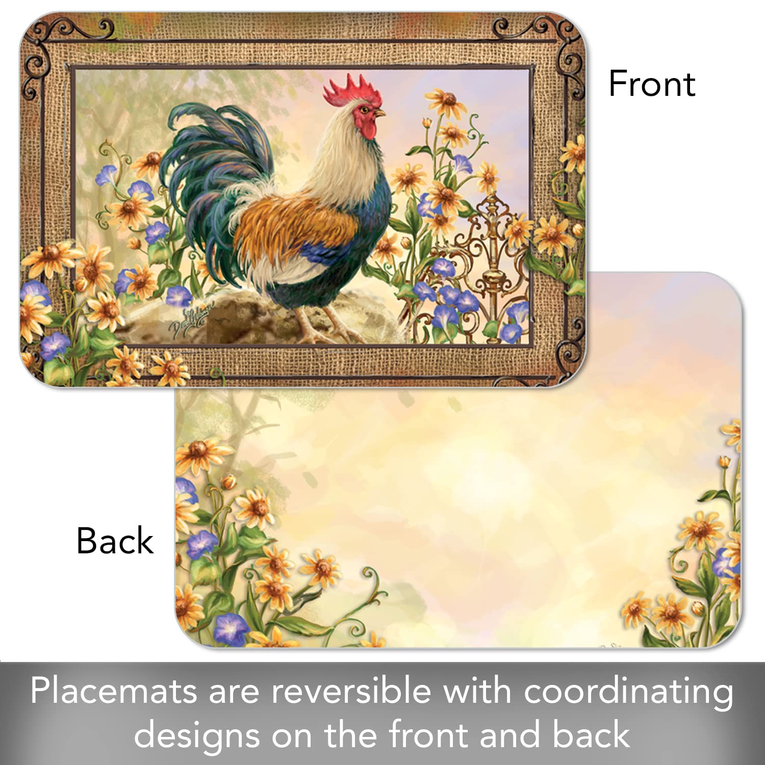 Counterart Country Charm Rooster 4 Pack Reversible Easy Care Flexible Plastic Placemats Made In The Usa Bpa Free Pvc Free Easily