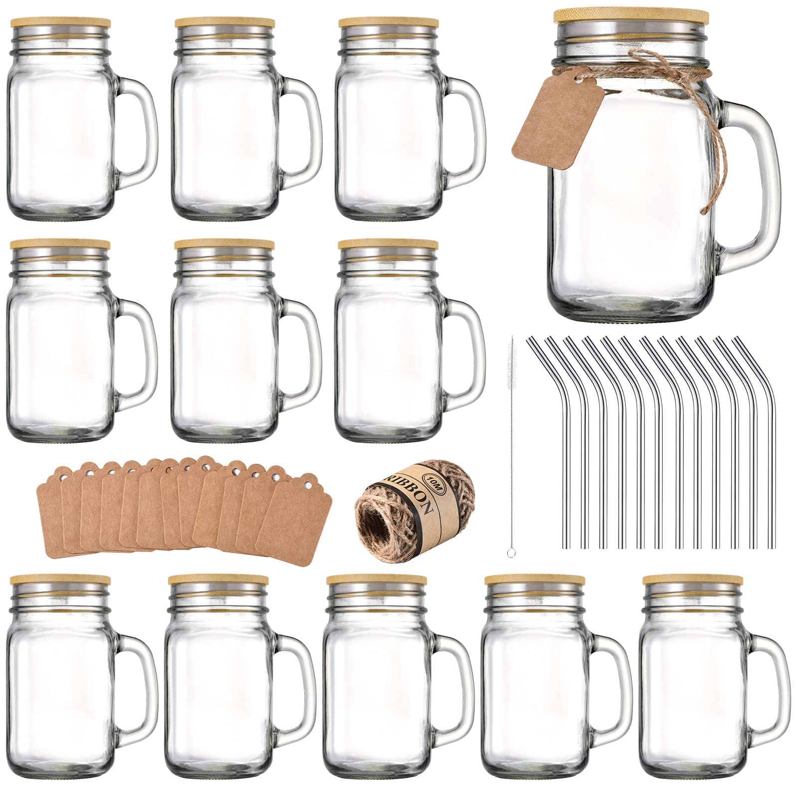 Mason Jar With Lid And Straw, Mason Jar Cups, Glass Cups With Lids And Straws, Drinking Glasses,16 Oz Mason Jars With Handle Set