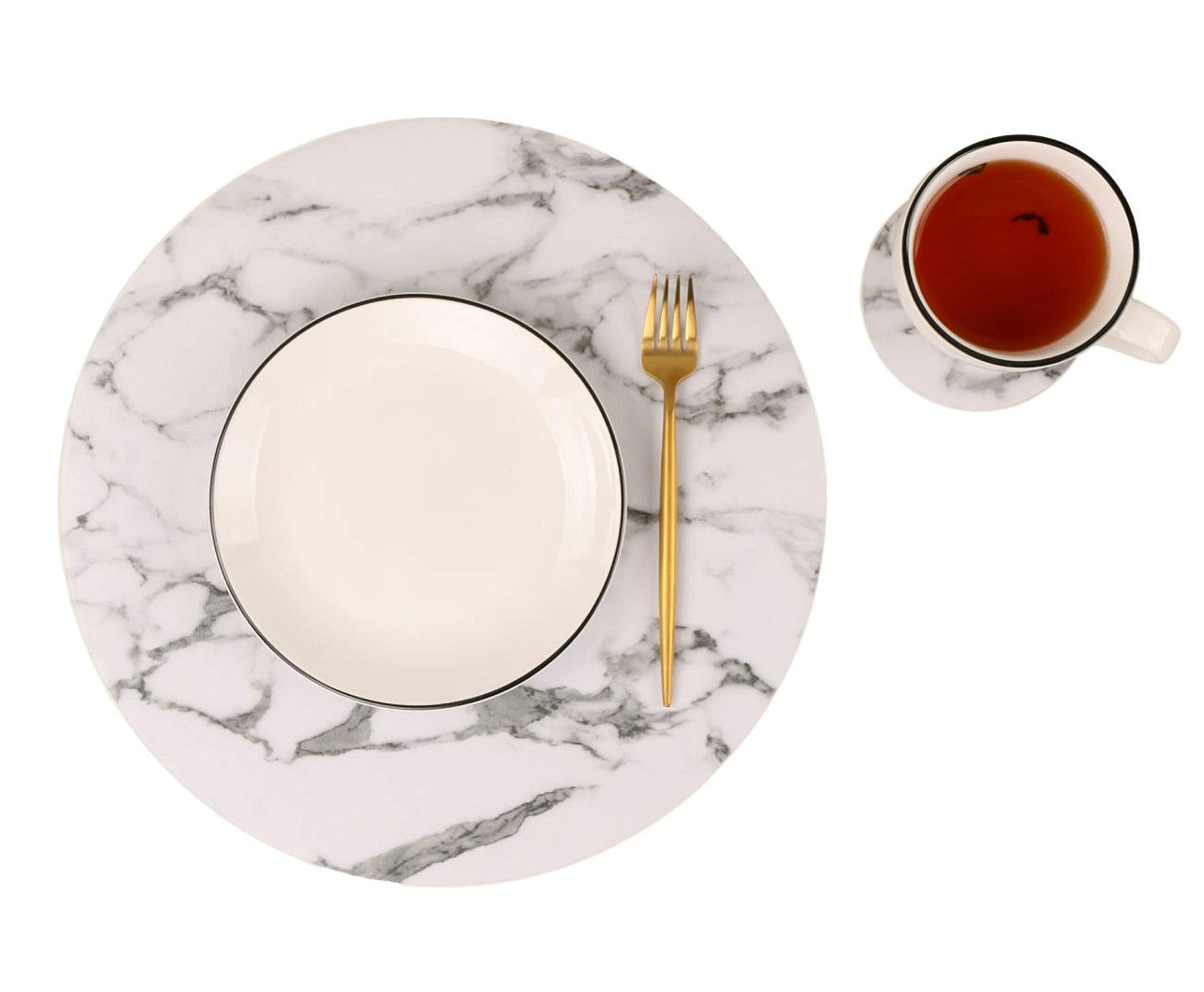 Set Of 8 Marble Round Placemats And Coasters, Faux Leather Waterproof Table Mats, Easy To Wipe Off For Kitchen Dining Round Tabl