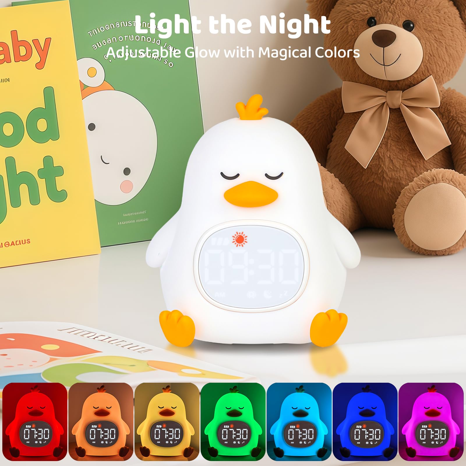 Sleepy Duck Alarm Clock with Night Light for Kids with Sleep Training and Sound Machine, Rechargeable Silicone Lamp OK to Wake C