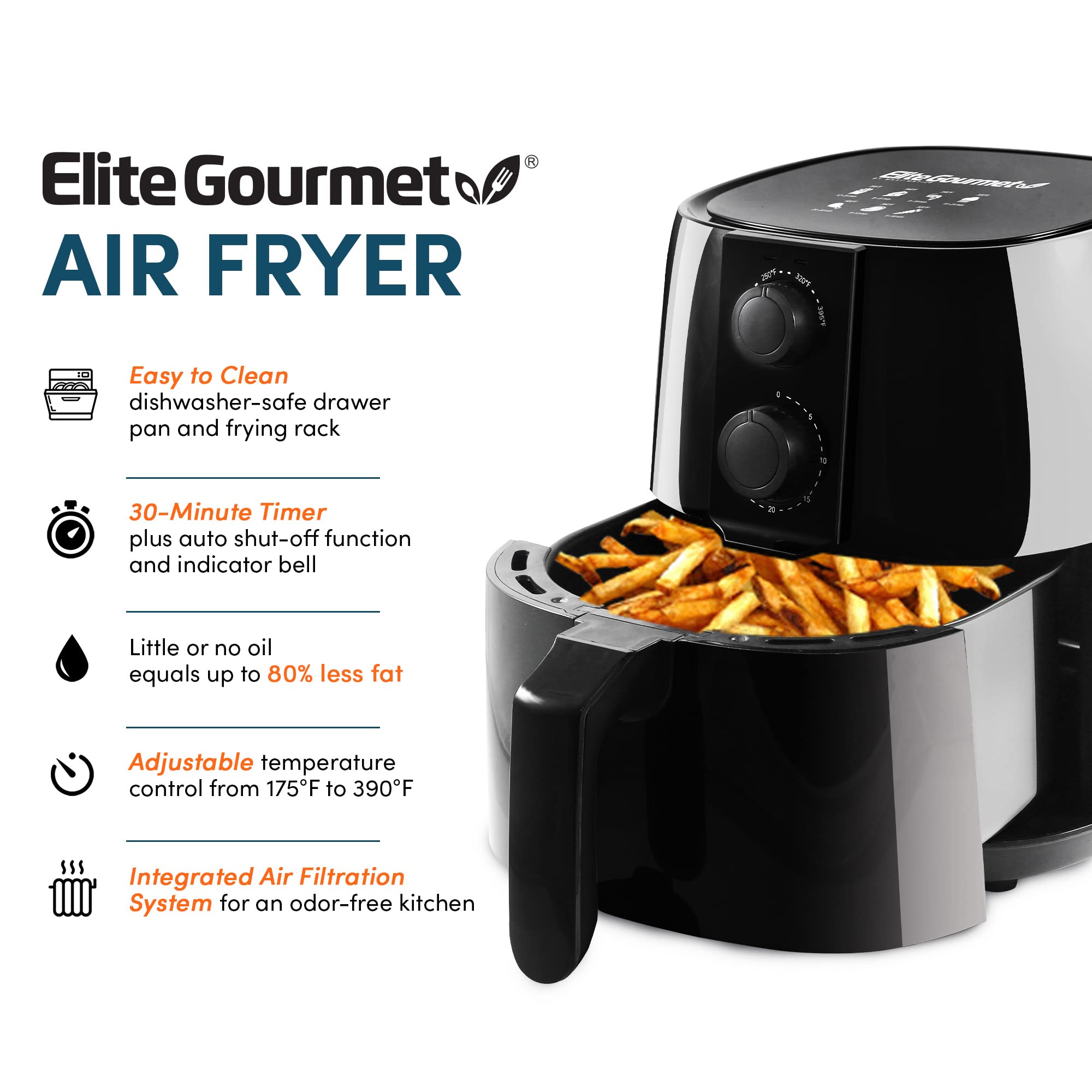 Elite Gourmet Electric Digital Hot Air Fryer, 1350W, Oil-Less, 4 Quart, Black, Model EAF4617