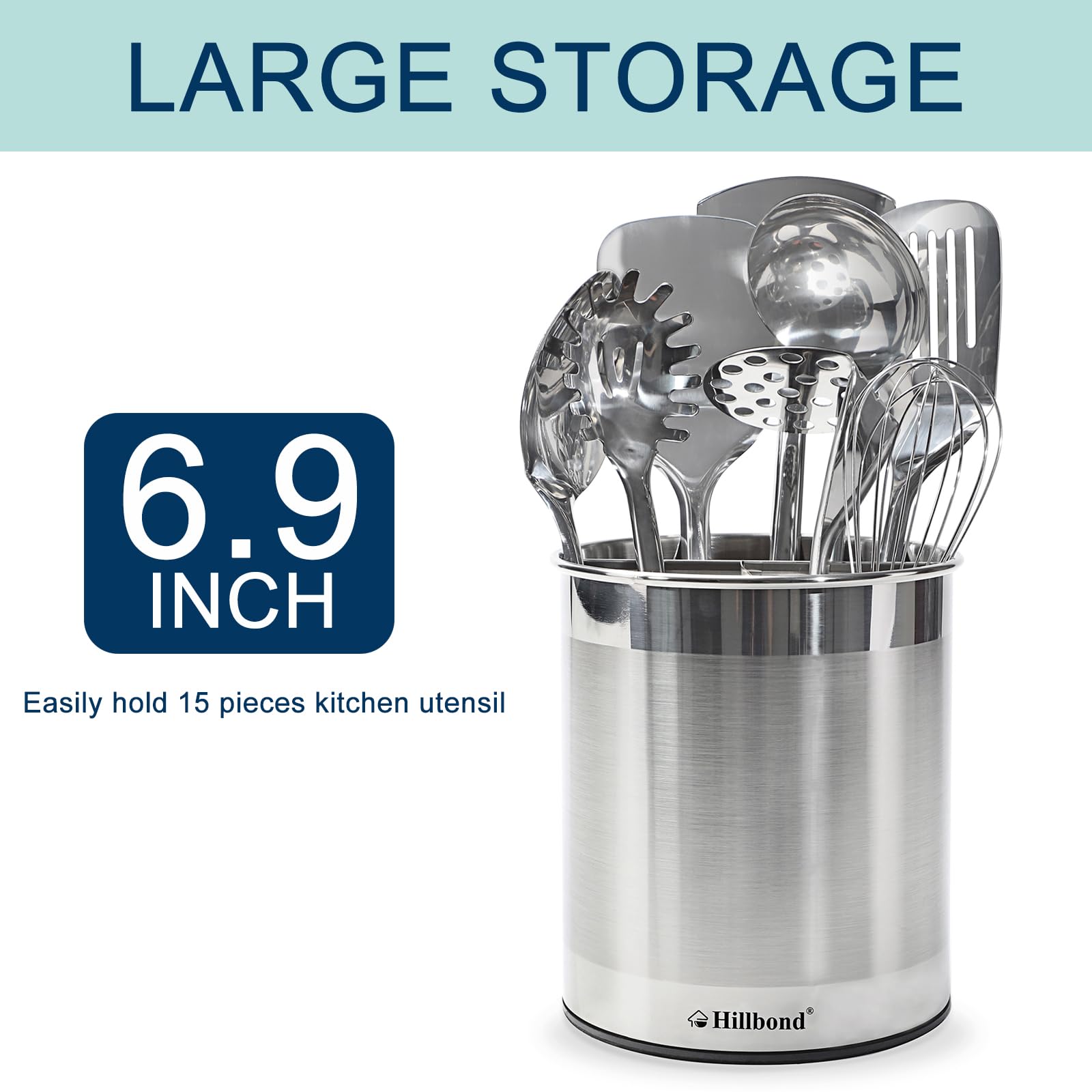 Hillbond Stainless Steel Utensil Holder For Countertop With Removable Divider, 6.9X7.5Inch Large Utensil Holder, 360 Rotating Ut