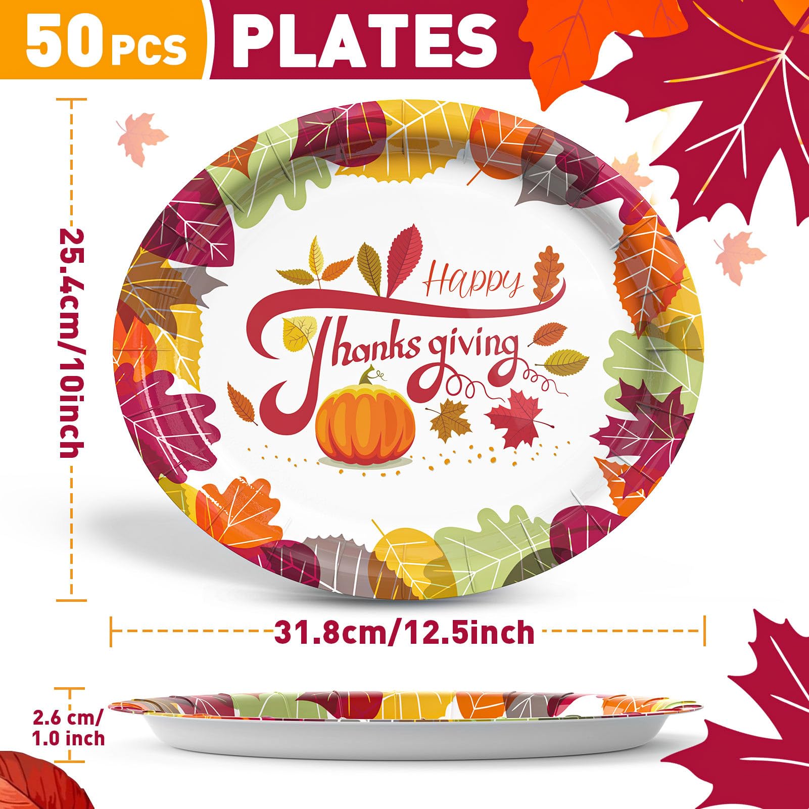 Gezond 50 Pcs Thanksgiving Paper Plates Oval, 10 x 12.5 Thanksgiving Plates Disposable with Pumpkin Maple Leaves Fall Plate for