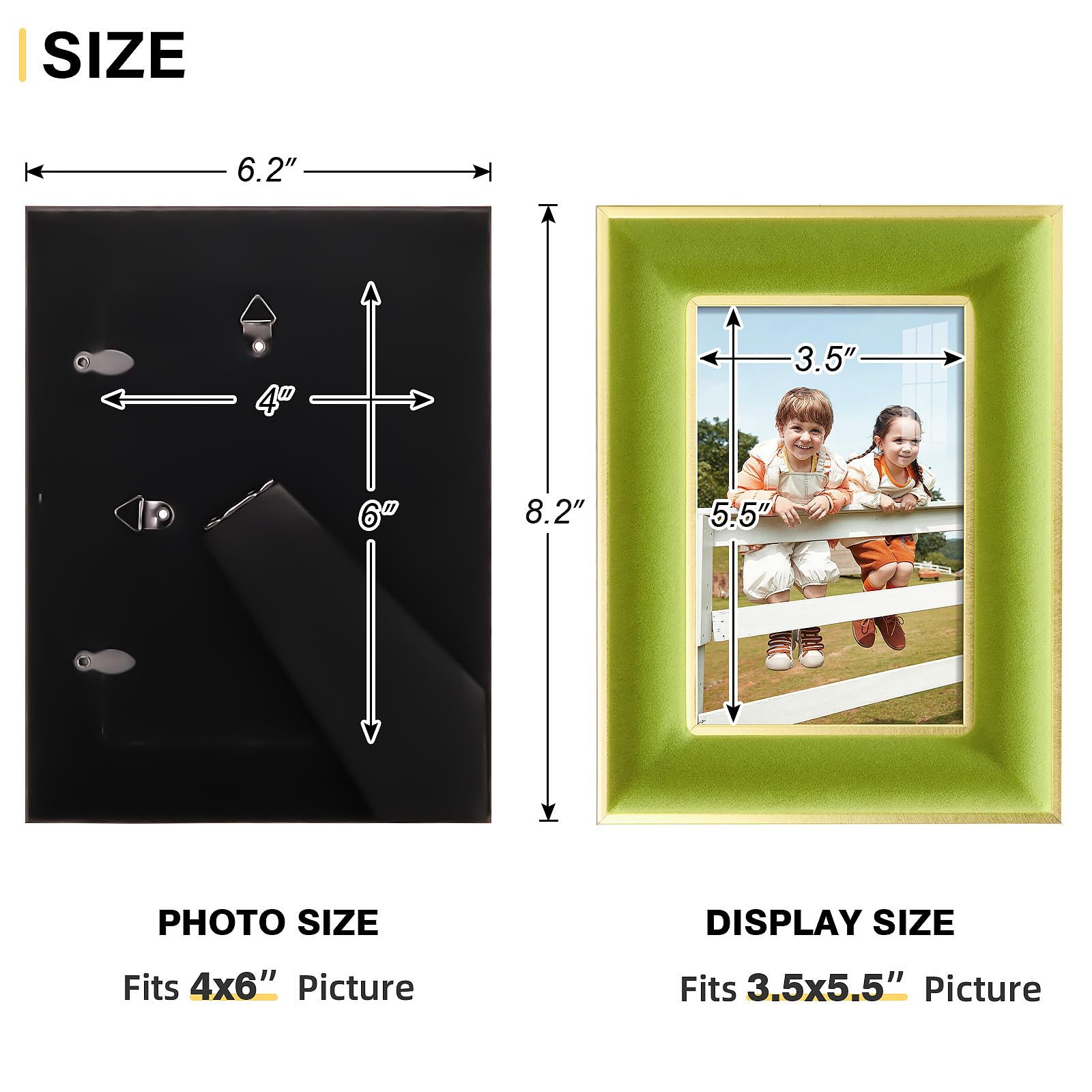 KSROECUD 4x6 Velvet Picture Frame, Light Green Photo Frames with Modern Simple Metallic Gold Border, HD Real Glass Horizontal &