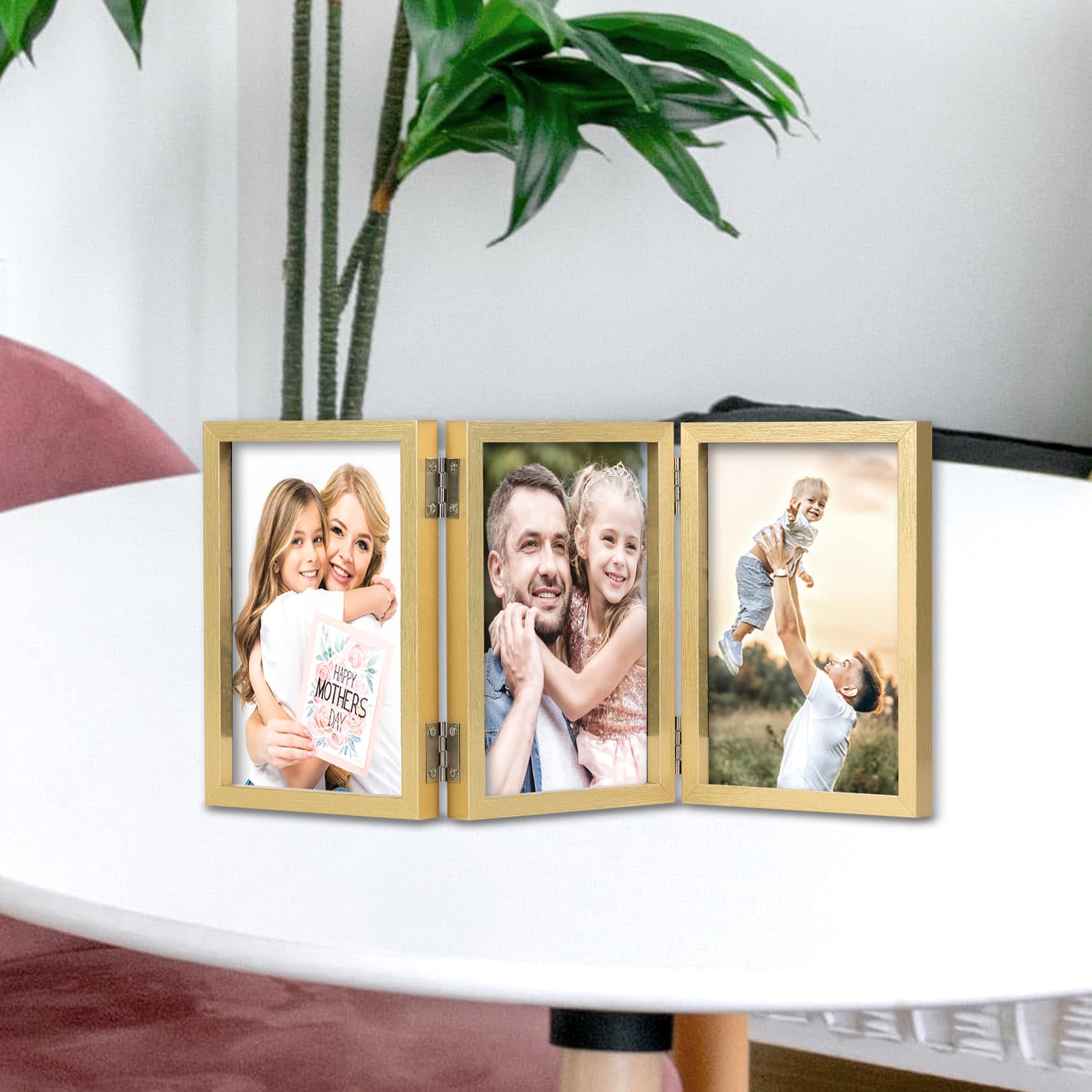 3 Picture Frame 4x6 Golden Triple Hinged MDF Wood with Glass Front Three Opening Photo Frame Stand Vertical on Tabletop