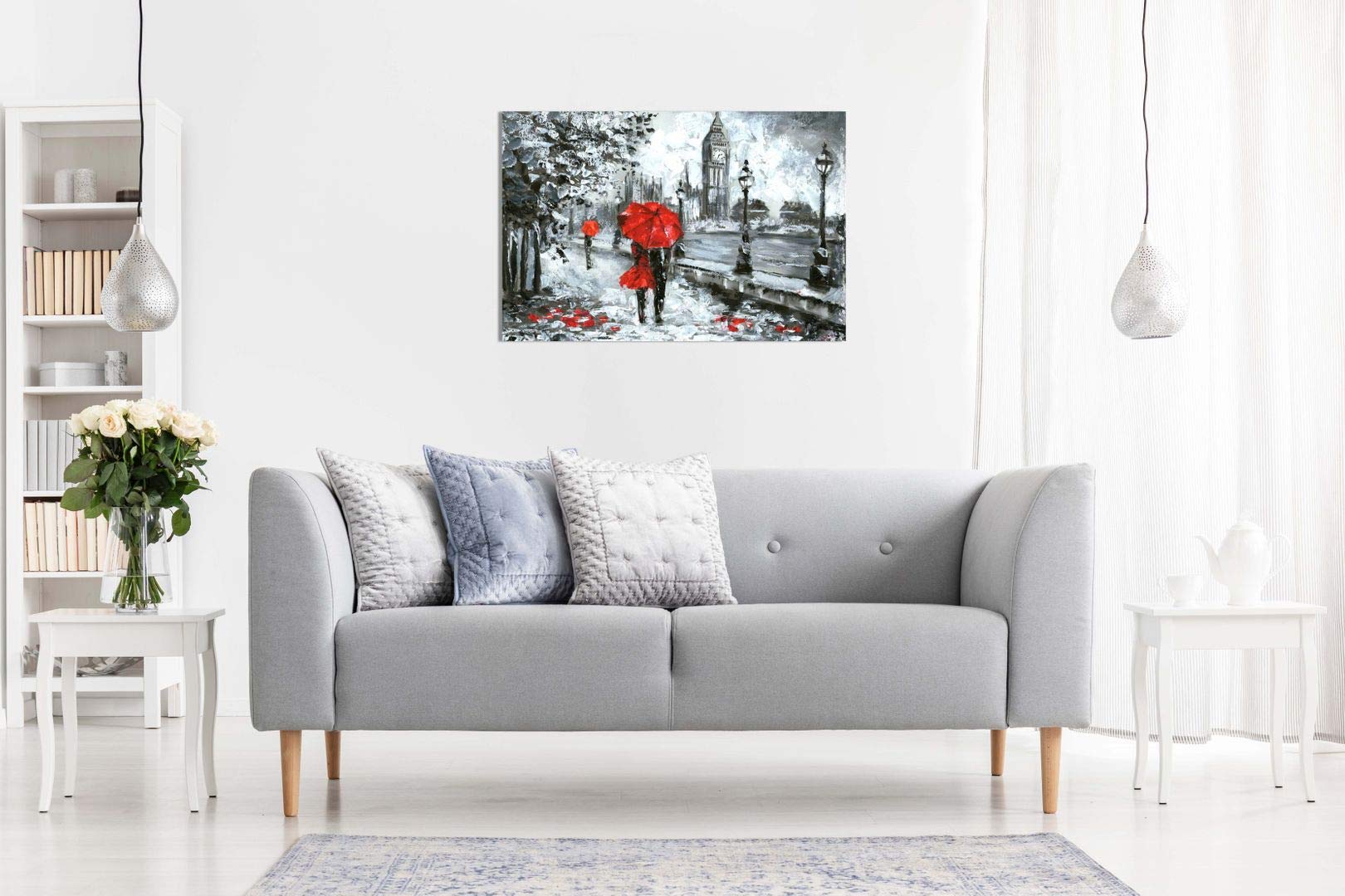 Oil Painting Street View London Black White & Red Big Ben Canvas Wall Art Print (36X24In)