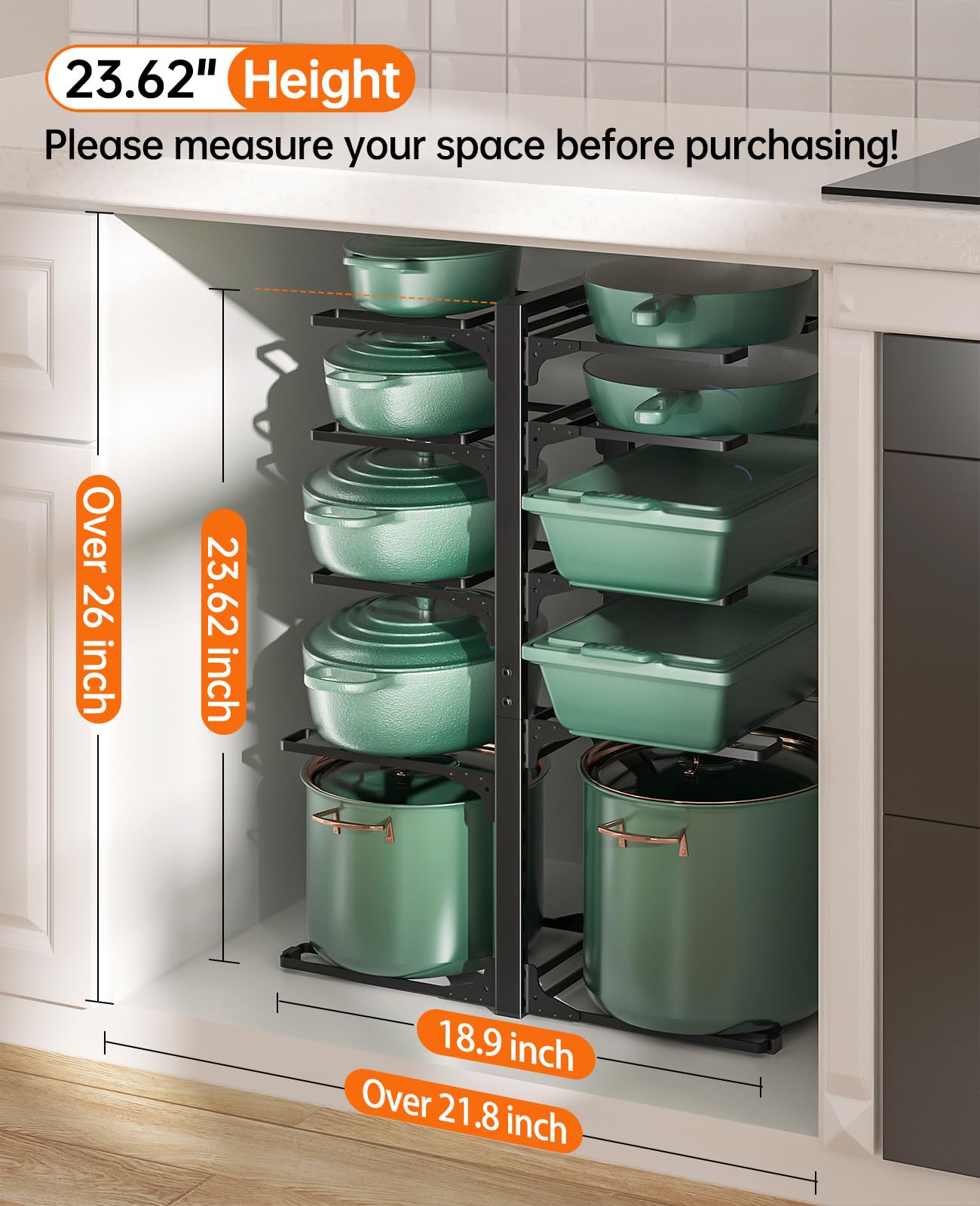 ORDORA 10-Tier Pots and Pans Organizer under Cabinet, Kitchen Cabinet Organizers and Storage, Heavy Duty Pots and Pan Storage Ra